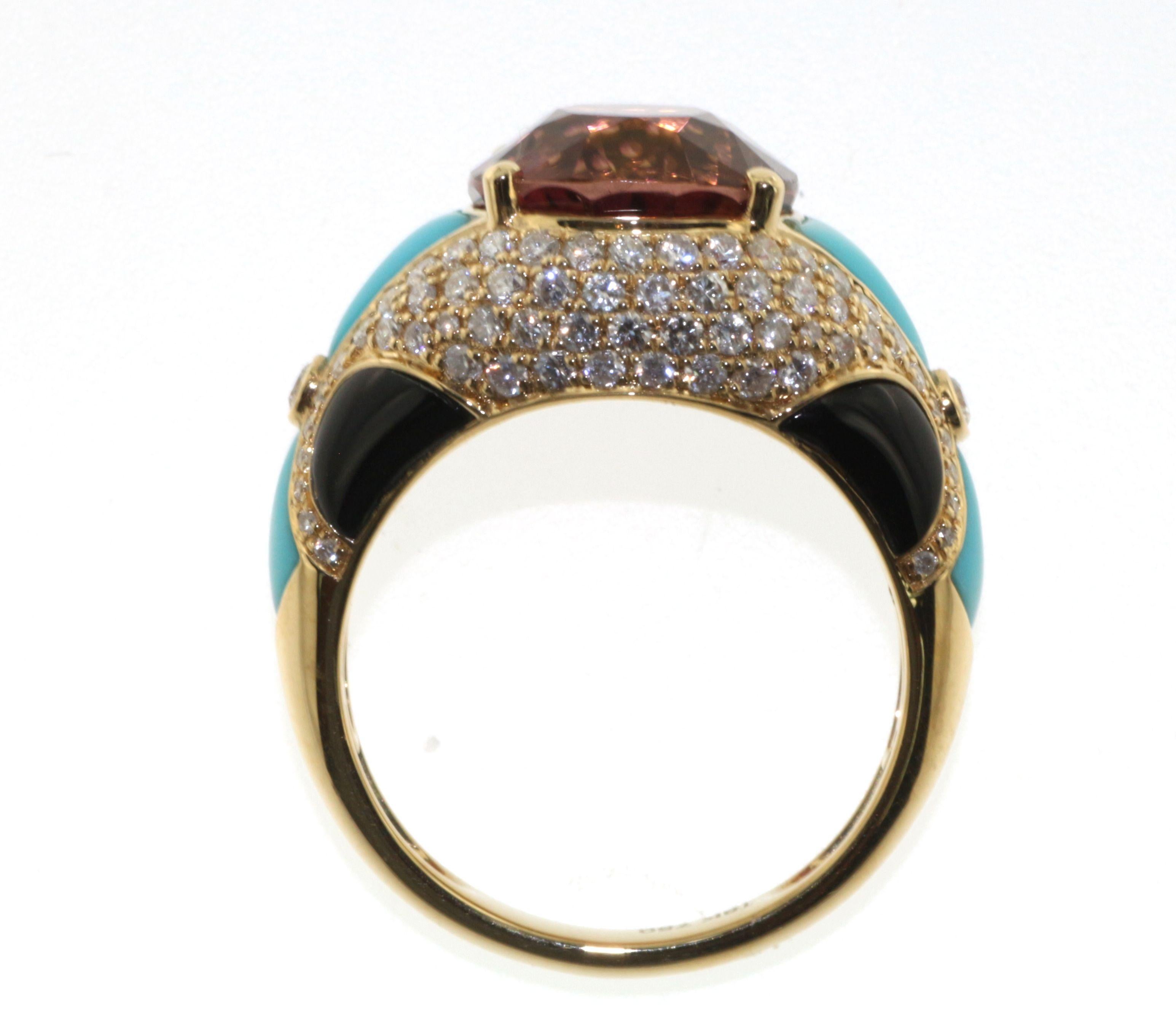 Cushion Cut Pink Tourmaline Onyx Turquoise Diamond Cocktail Ring in 18 Karat Yellow Gold