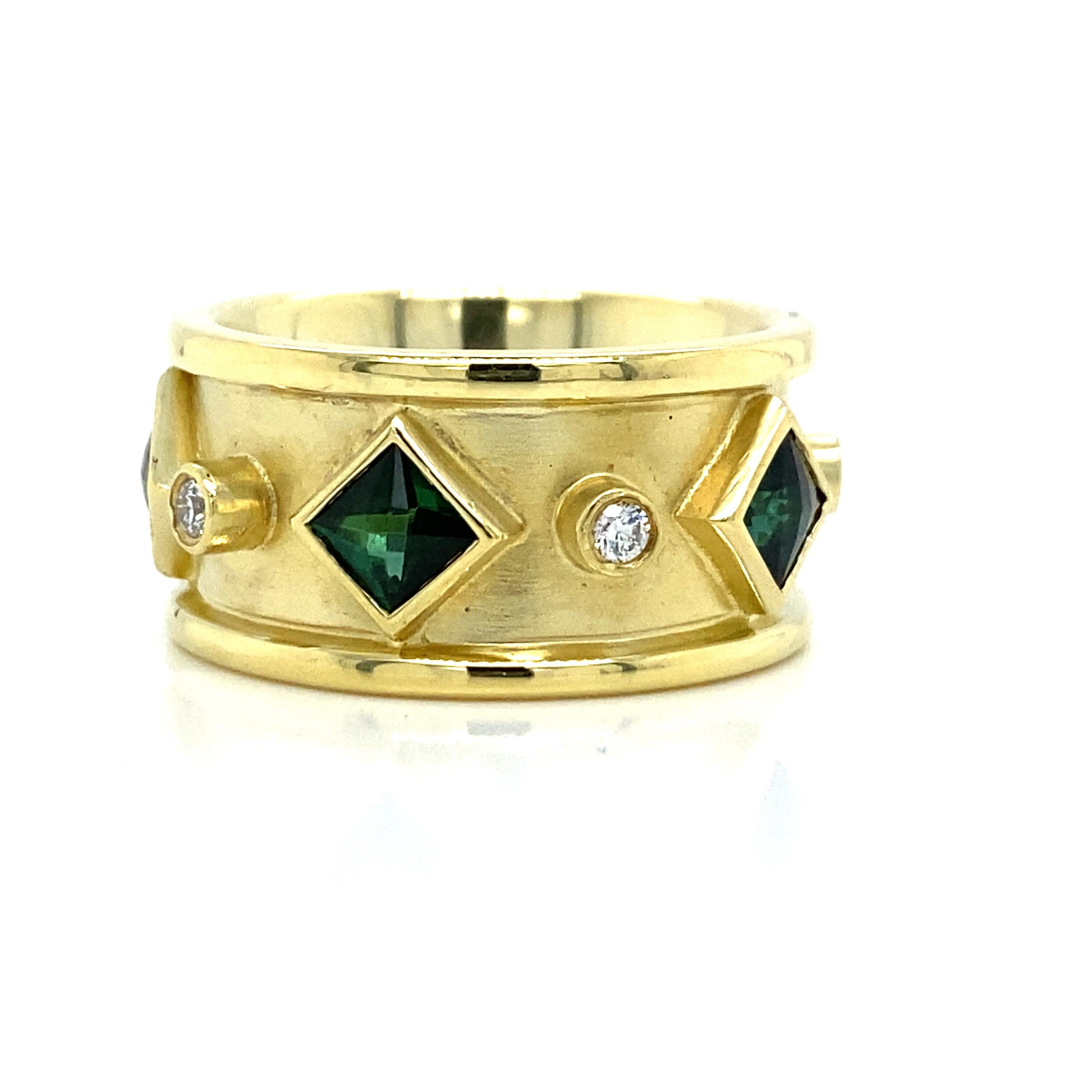 Tourmaline Diamond Band in 18K Yellow Gold.  Princess Cut Tourmaline weighing 2.0 carats and Round Brilliant Cut Diamonds weighing 0.25 carat total weight, G-H in color and VS in clarity are expertly set.  The Band measures 7/16 inch in width.  Ring