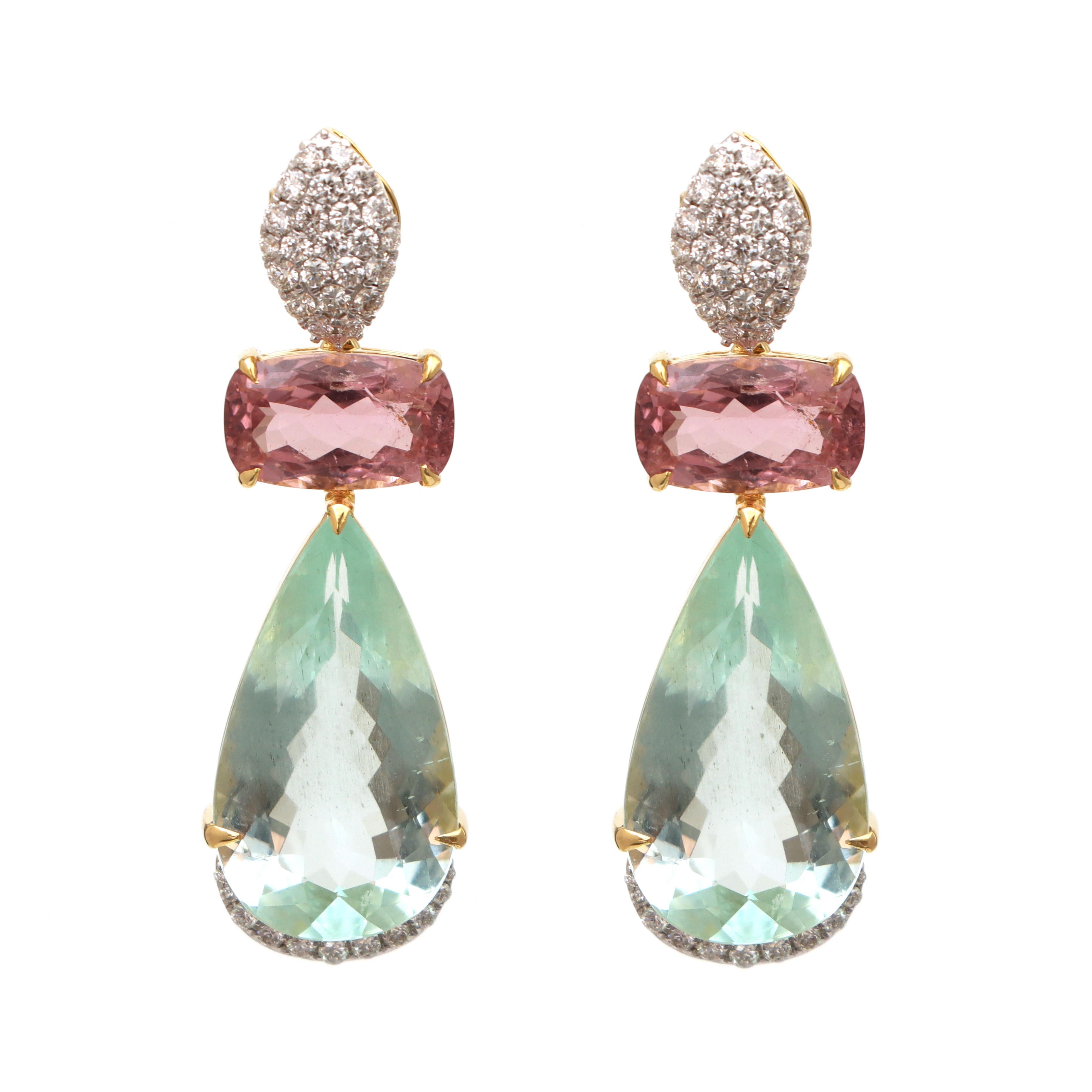 18K Gelbgold Turmalin Ohrringe, Aquamarin und Turmalin Tropfen Ohrringe (Art déco) im Angebot