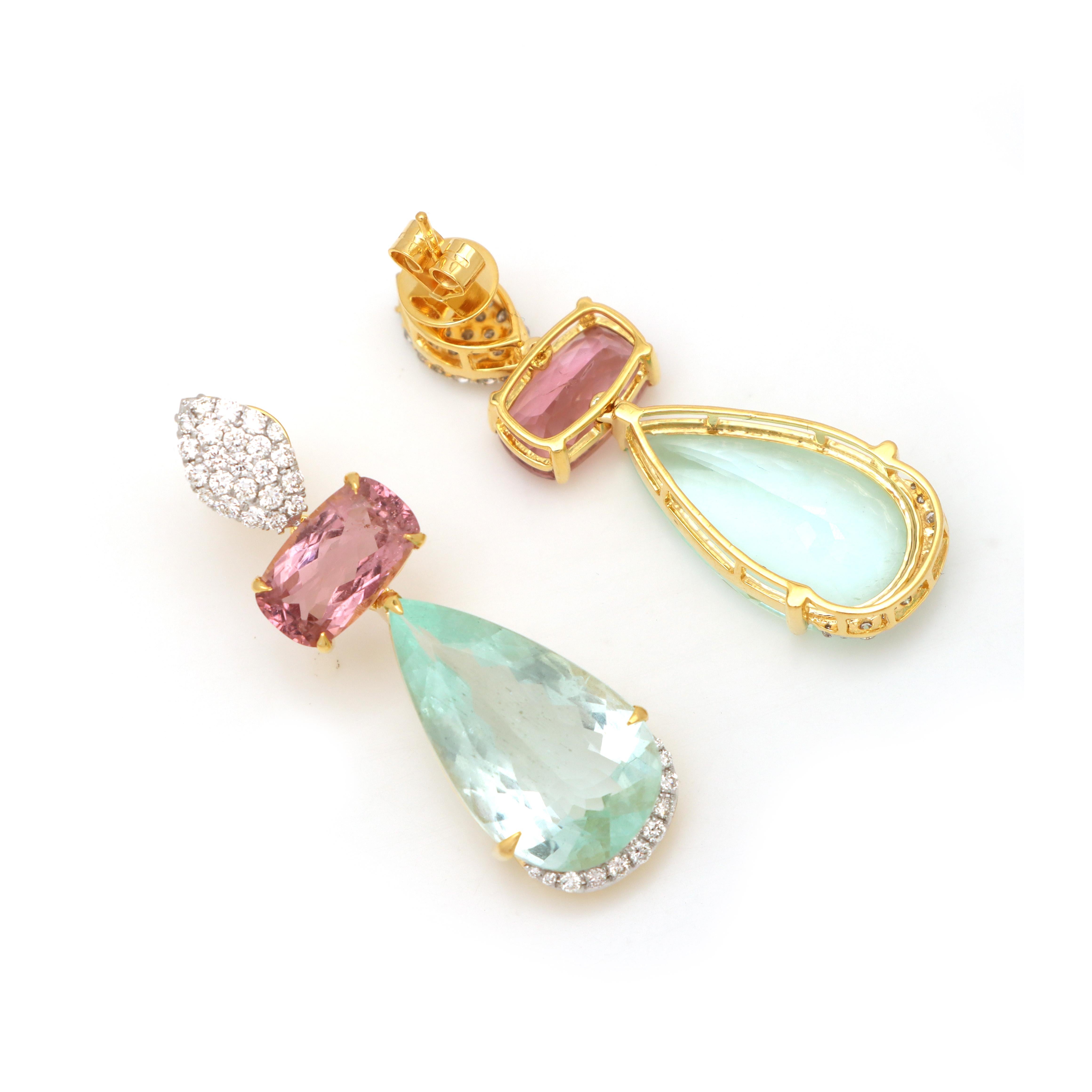 18K Gelbgold Turmalin Ohrringe, Aquamarin und Turmalin Tropfen Ohrringe (Tropfenschliff) im Angebot