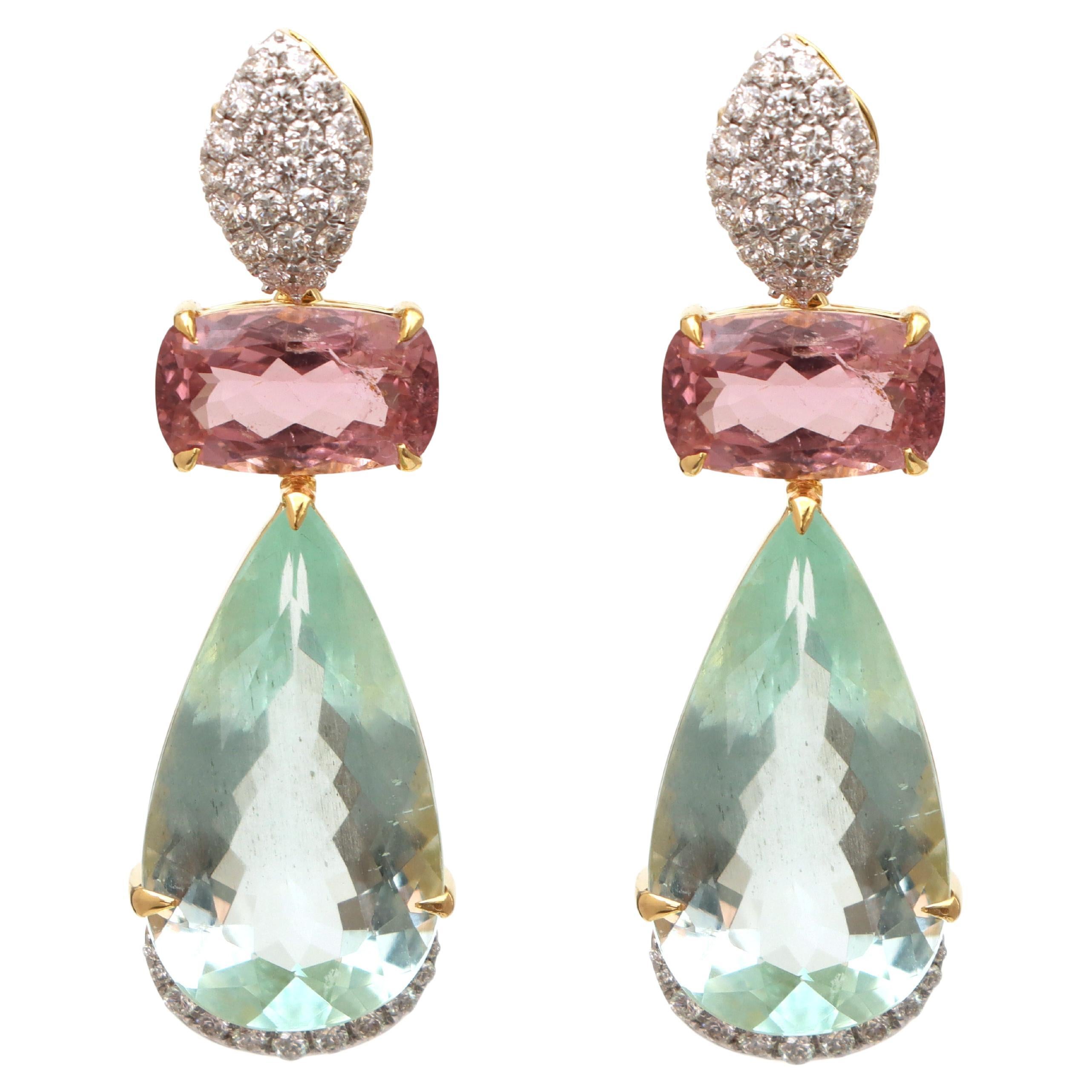 18K Gelbgold Turmalin Ohrringe, Aquamarin und Turmalin Tropfen Ohrringe im Angebot