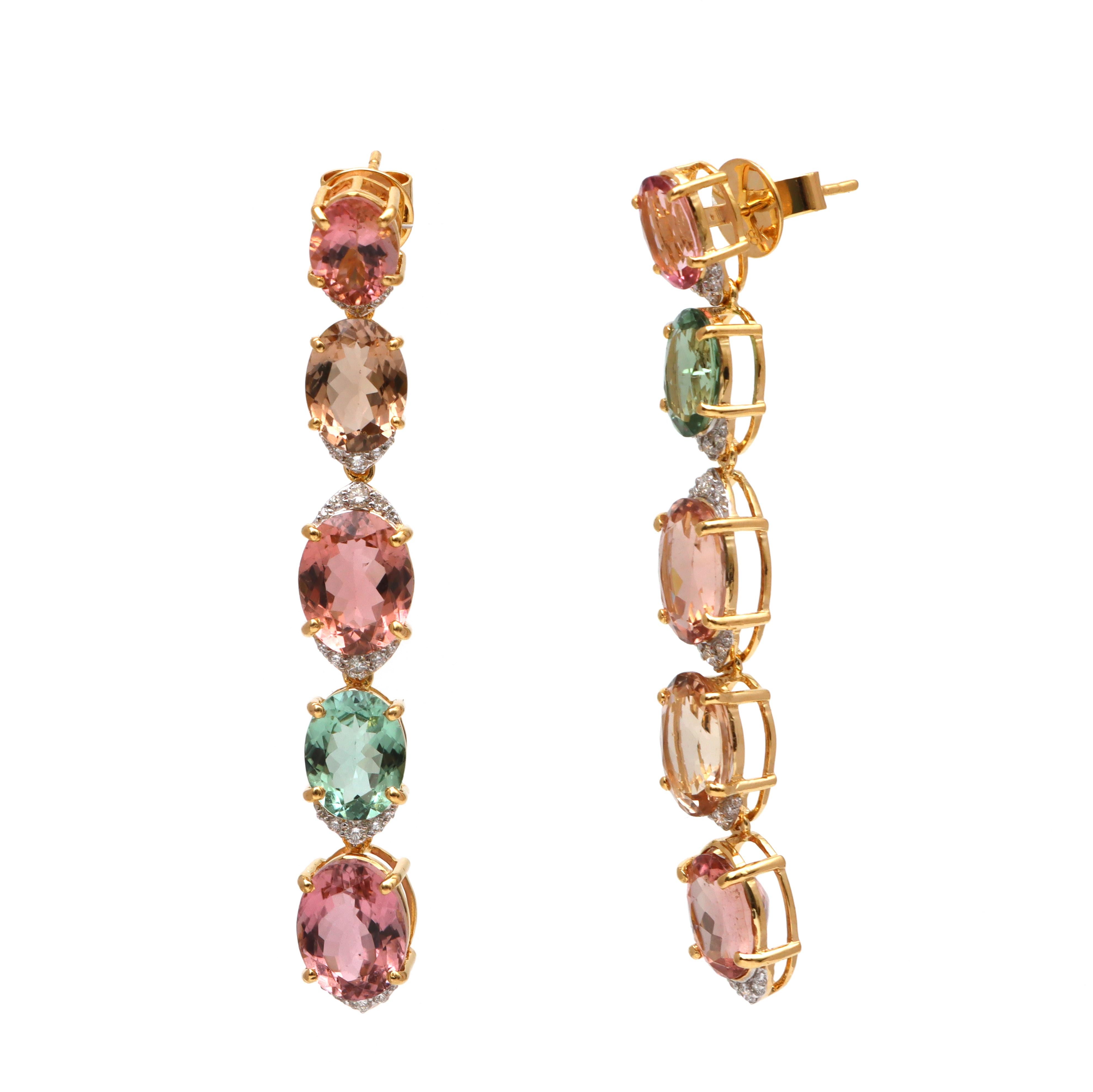 Art déco Boucles d'oreilles en or jaune 18k Tourmaline avec diamants, Bijoux pour femmes en vente