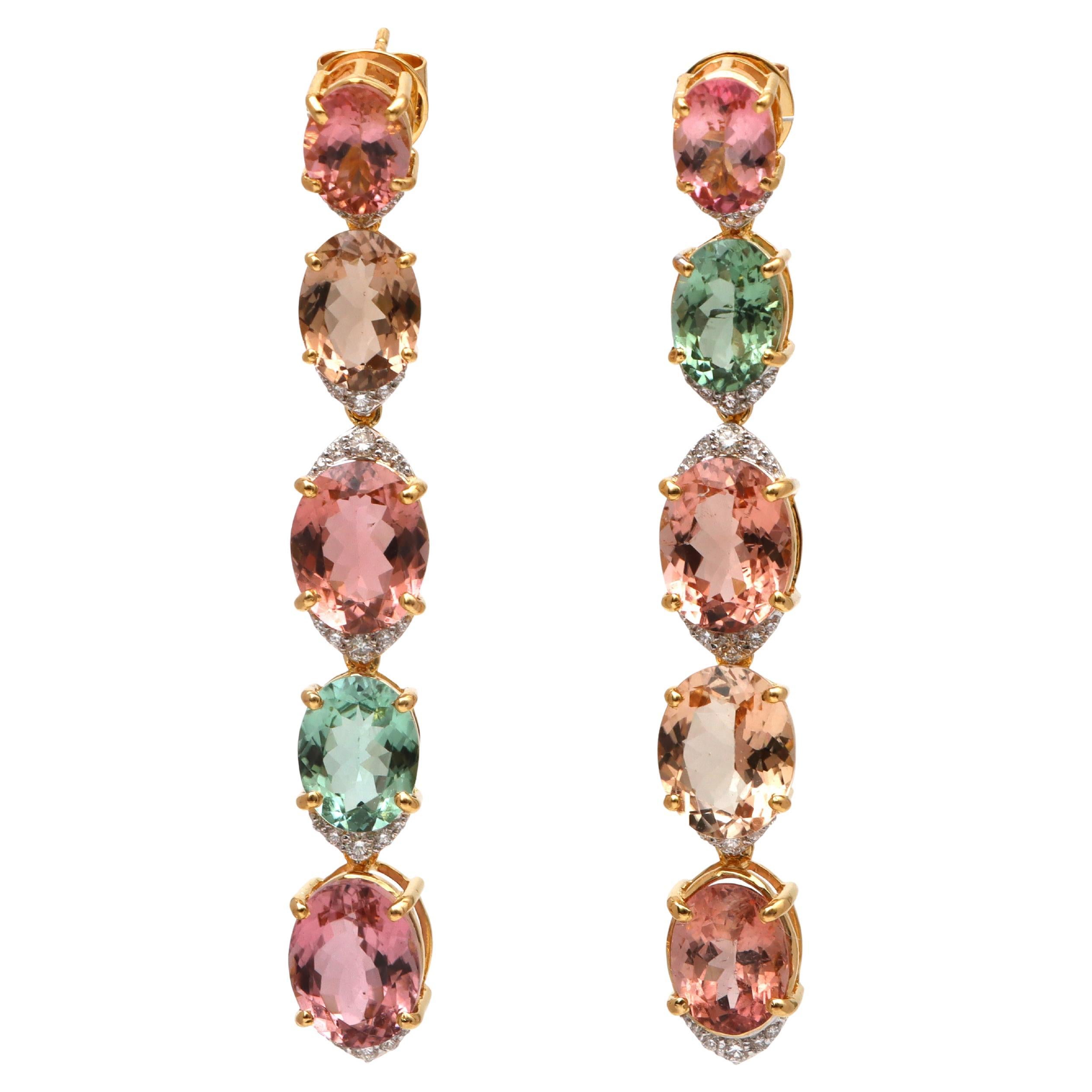 Boucles d'oreilles en or jaune 18k Tourmaline avec diamants, Bijoux pour femmes