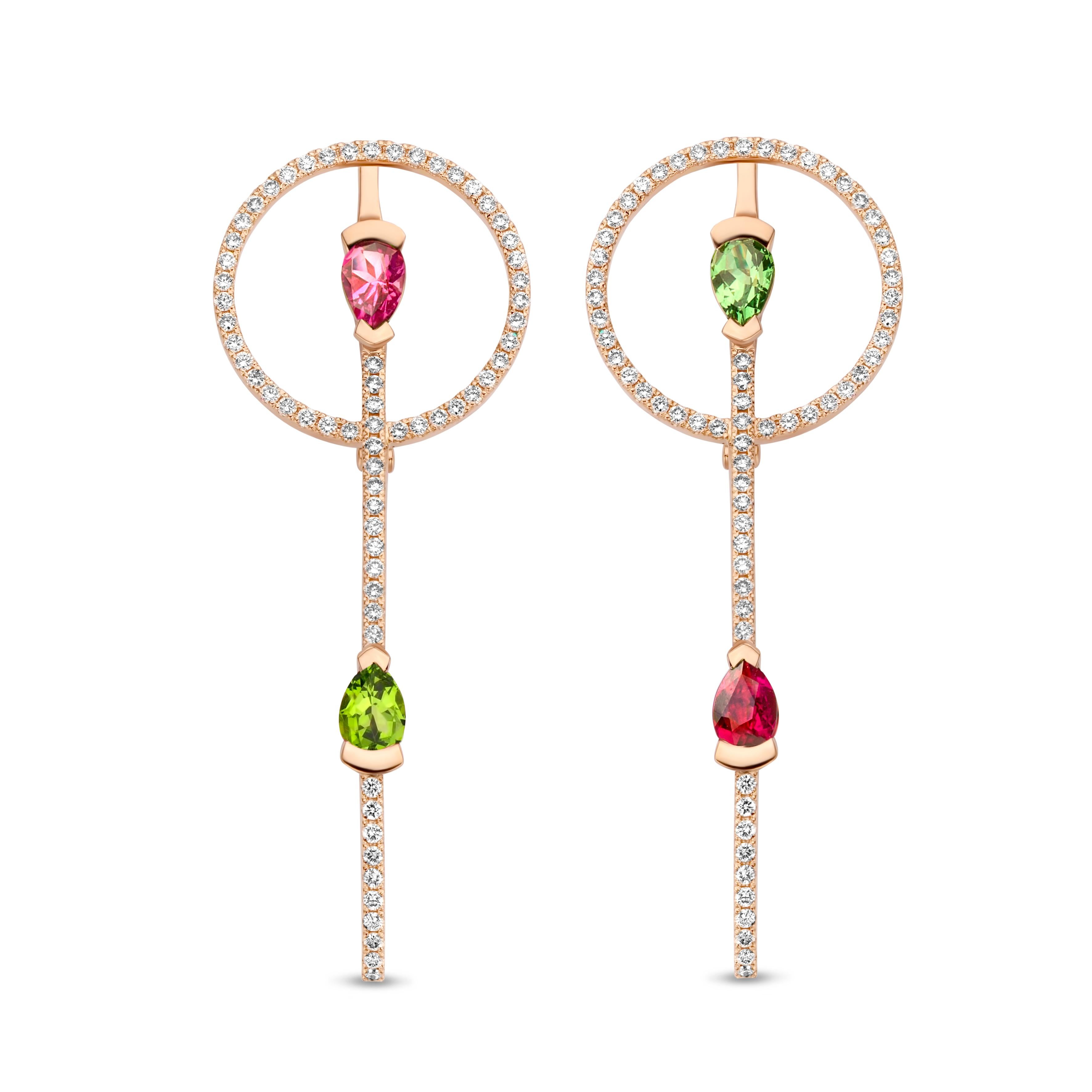 18k Yellow Gold Tourmaline Rubellite Diamond Round Earrings In New Condition For Sale In GENT, BE