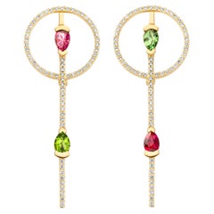 Boucles d'oreilles rondes en or jaune 18 carats avec tourmaline, rubellite et diamant 