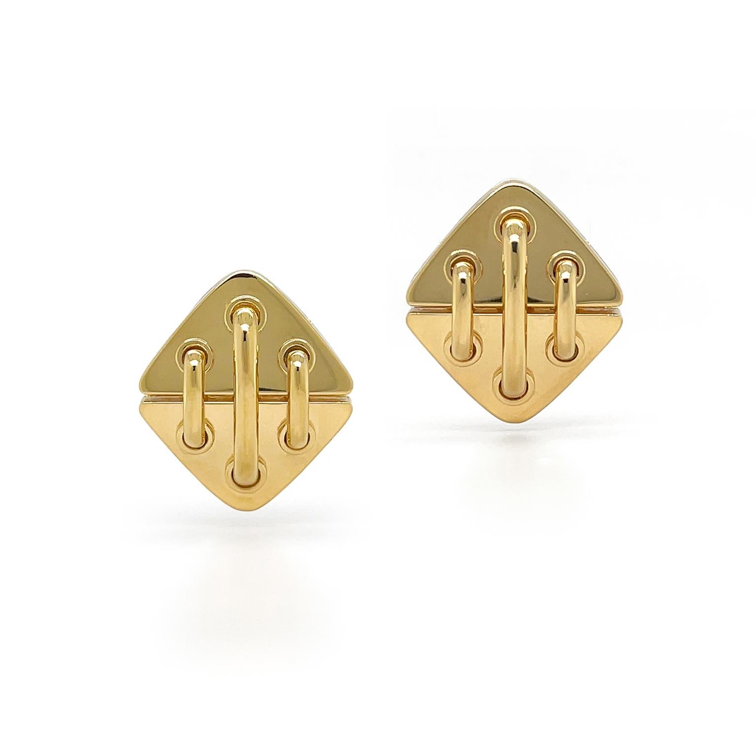 18K Yellow Gold Triangle Golden Stitch Clip-on Earrings For Sale 1