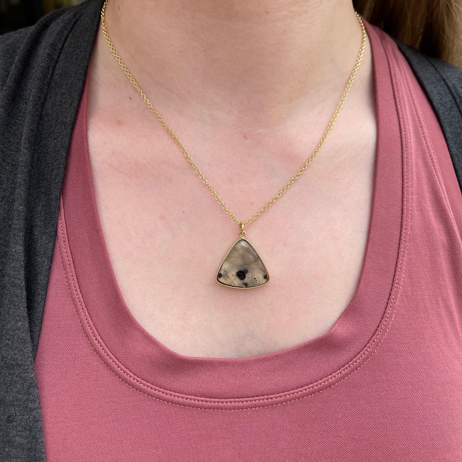 Cabochon 18k Yellow Gold Triangular Druzy Pendant with a 14k Yellow Gold Cable Chain