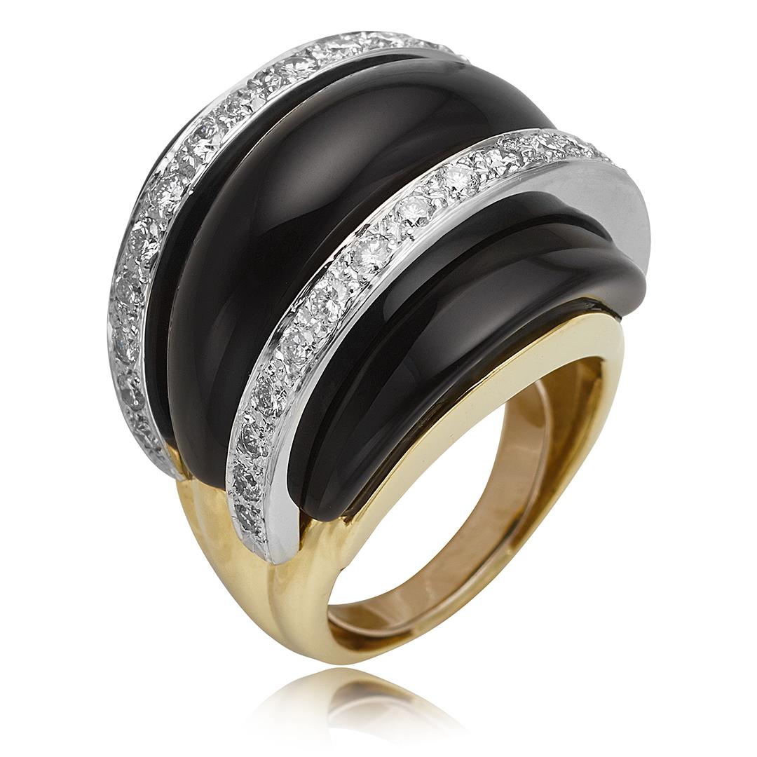This 18 karat yellow gold triple dome black onyx ring features two rows of 32 pave diamonds weighing a combined approximate 1.00 carats with GH coloring and VS clarity. The ring measures 21.85mm wide across the top and is a size 5 with a polished