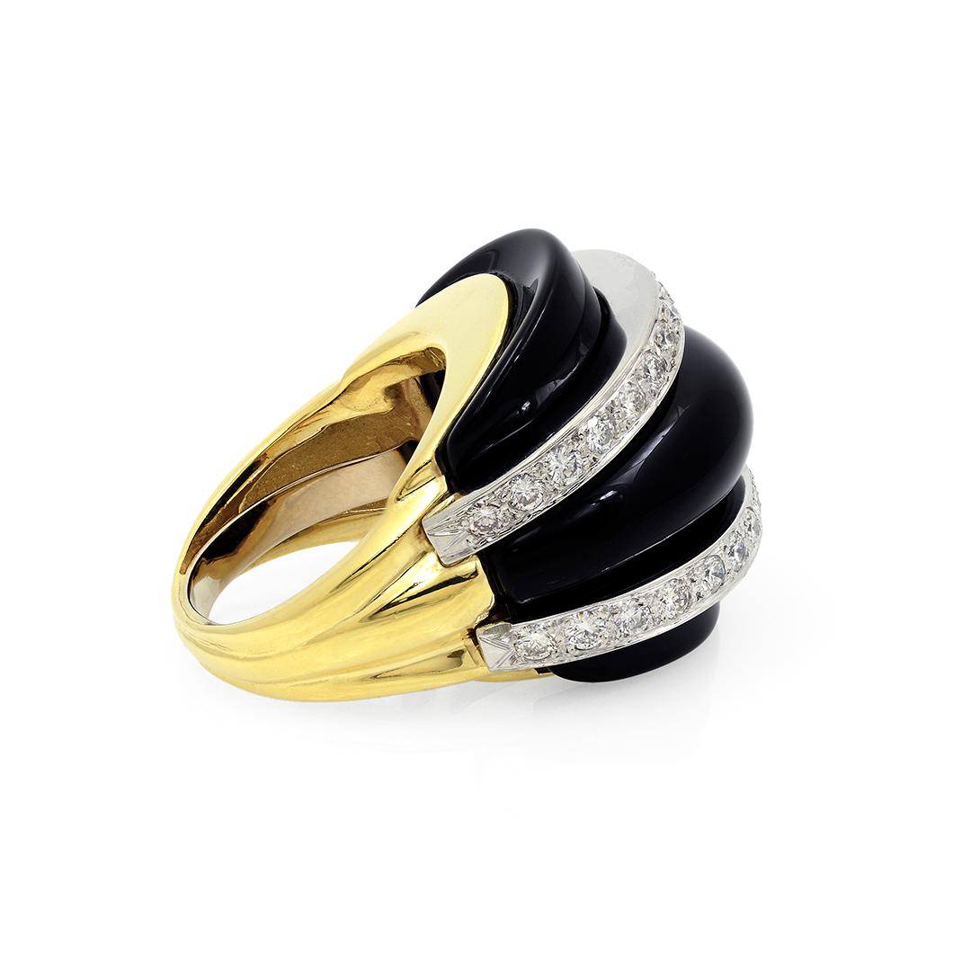 18k Yellow Gold Triple Dome Black Onyx & Diamond Ring In Good Condition In Dallas, TX