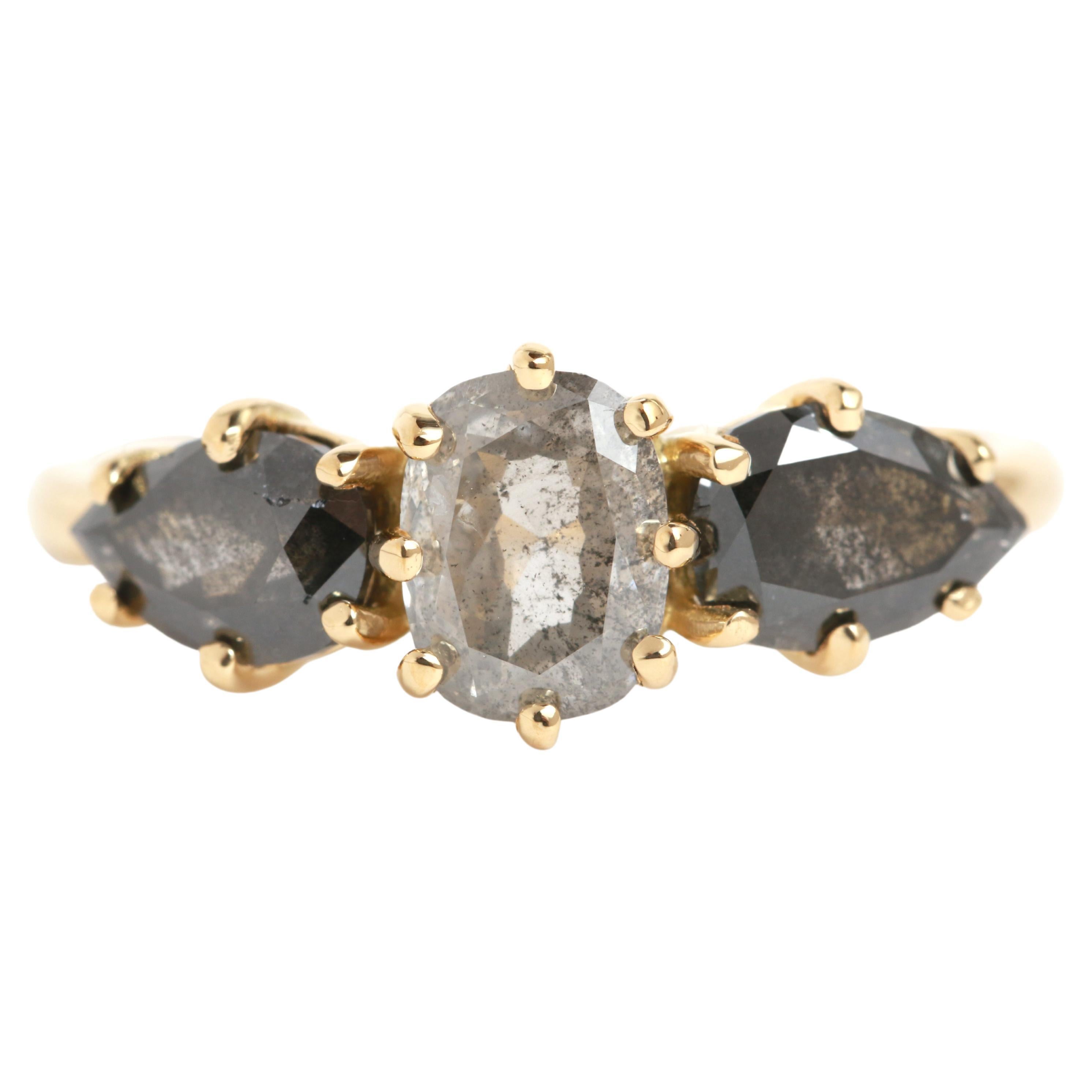 18k Yellow Gold Triple Grey Diamond Ring For Sale