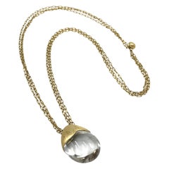 18K Yellow Gold Triple Paperclip Chain Bean Pendant Necklace with Clear Crystal