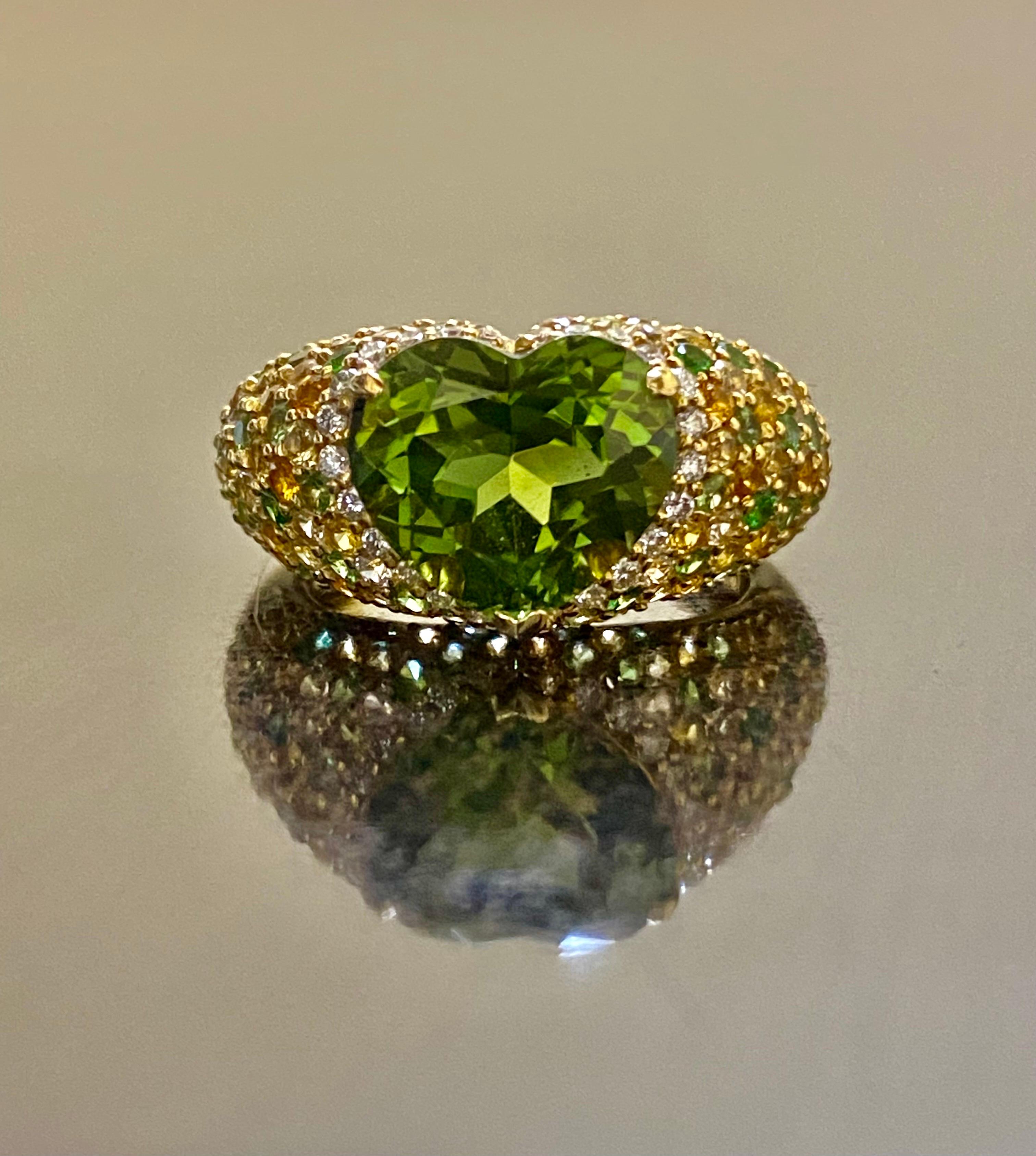 18K Yellow Gold Tsavorite Citrine Emerald Diamond Heart Tourmaline Ring For Sale 4