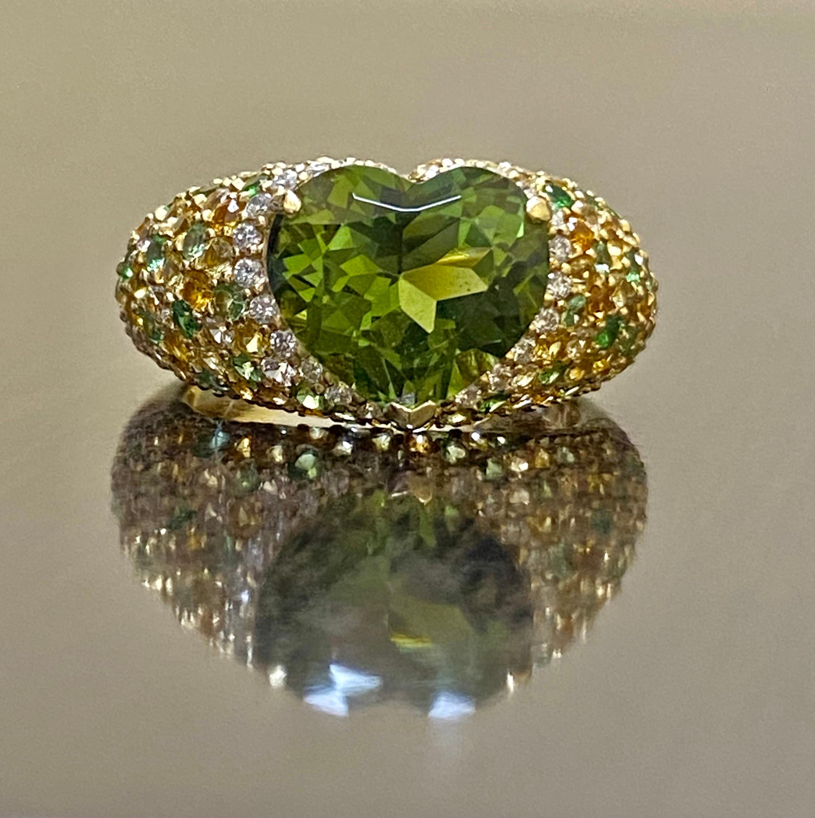 18K Yellow Gold Tsavorite Citrine Emerald Diamond Heart Tourmaline Ring For Sale 5