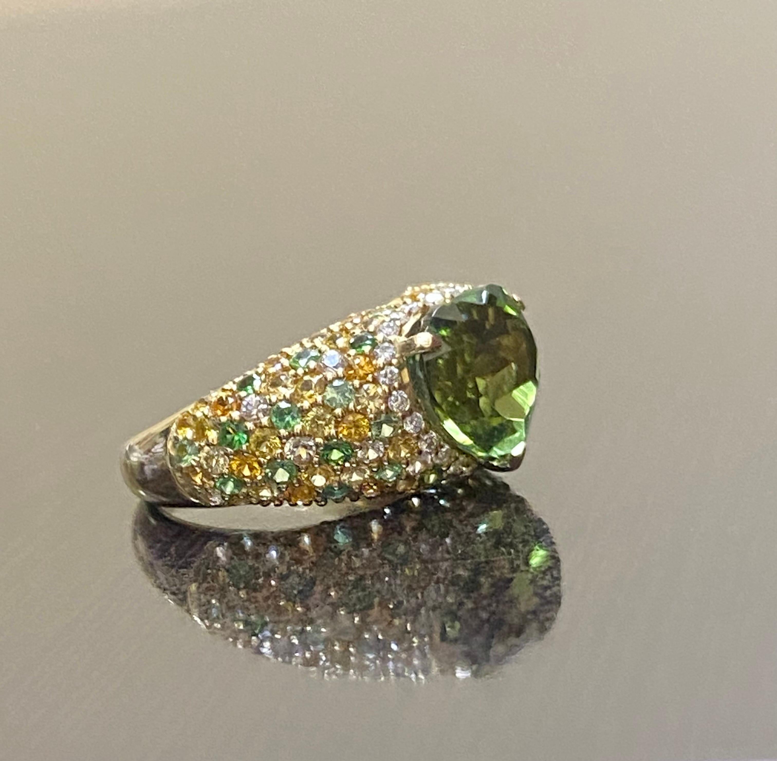 Modern 18K Yellow Gold Tsavorite Citrine Emerald Diamond Heart Tourmaline Ring For Sale