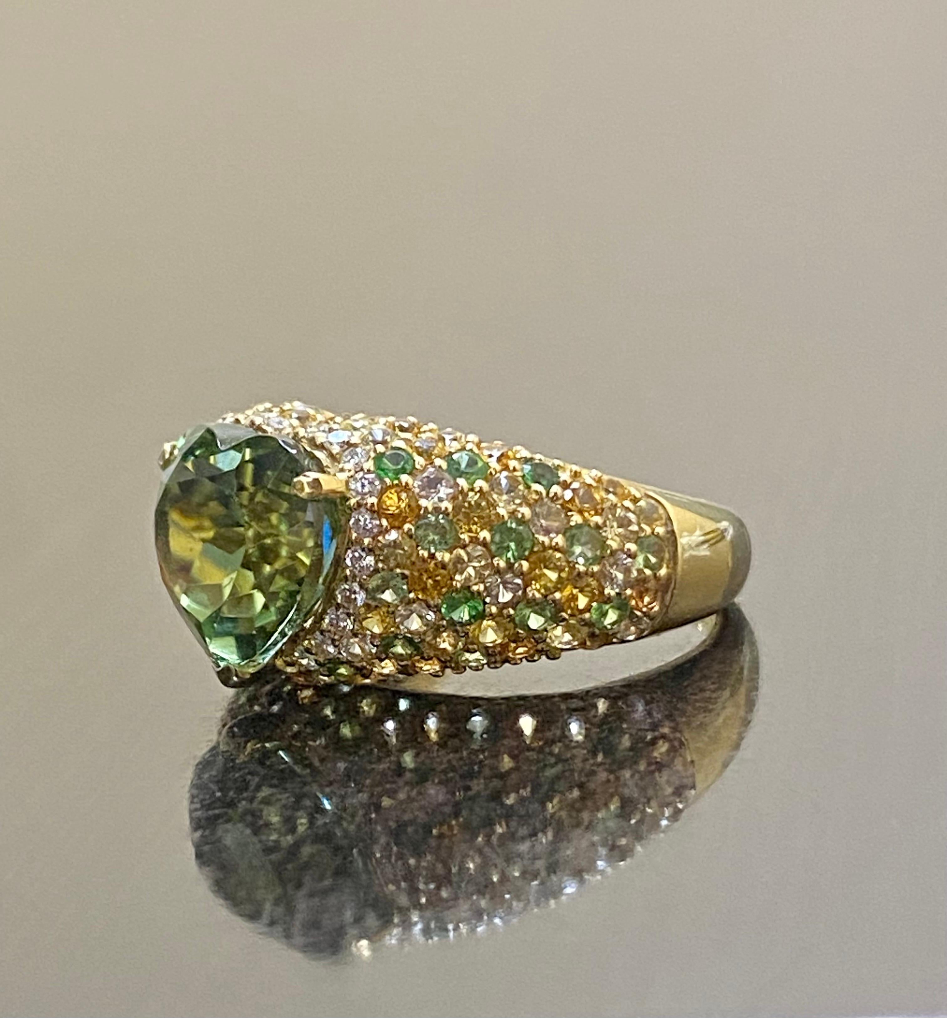 Heart Cut 18K Yellow Gold Tsavorite Citrine Emerald Diamond Heart Tourmaline Ring For Sale