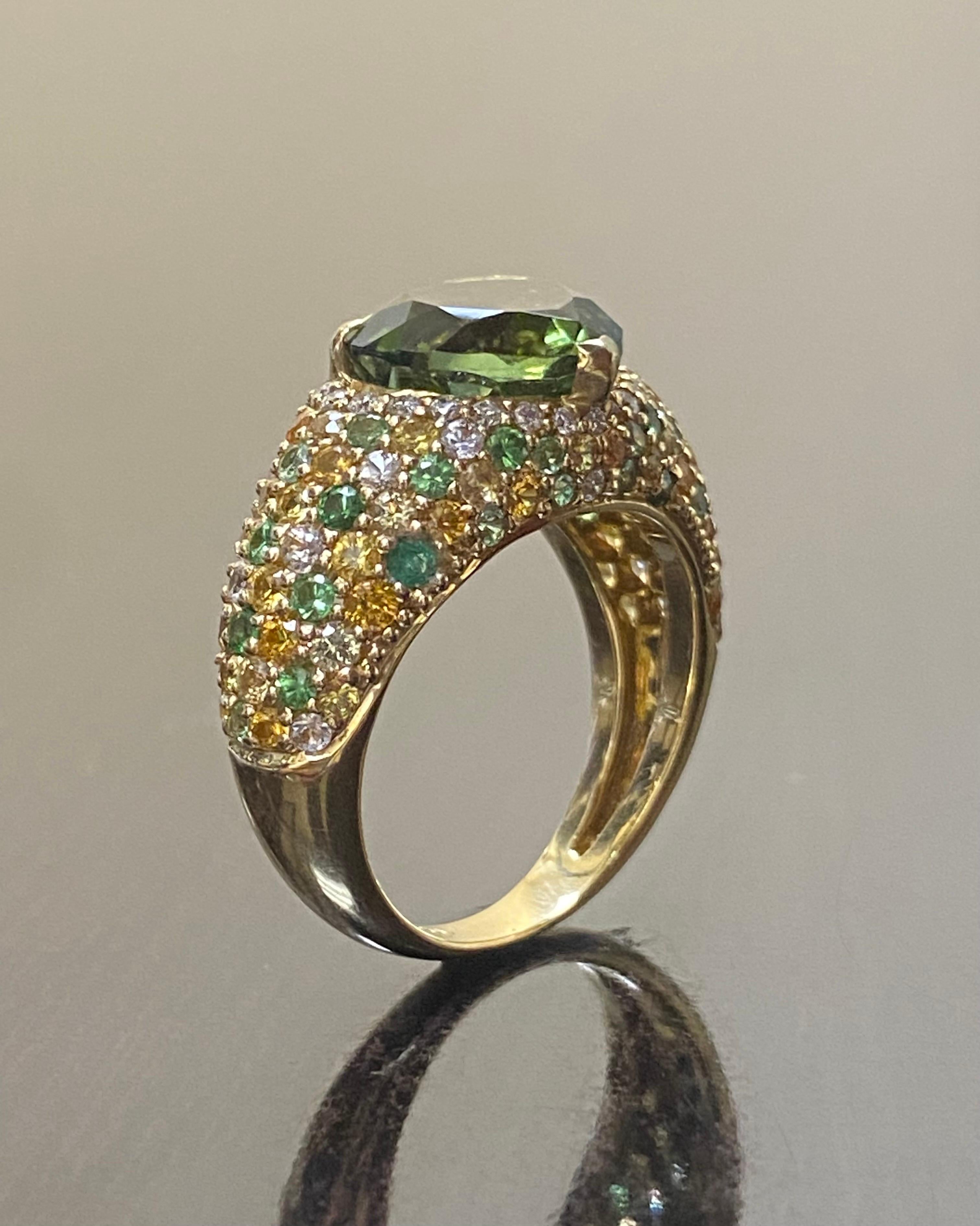 18K Yellow Gold Tsavorite Citrine Emerald Diamond Heart Tourmaline Ring In New Condition For Sale In Los Angeles, CA