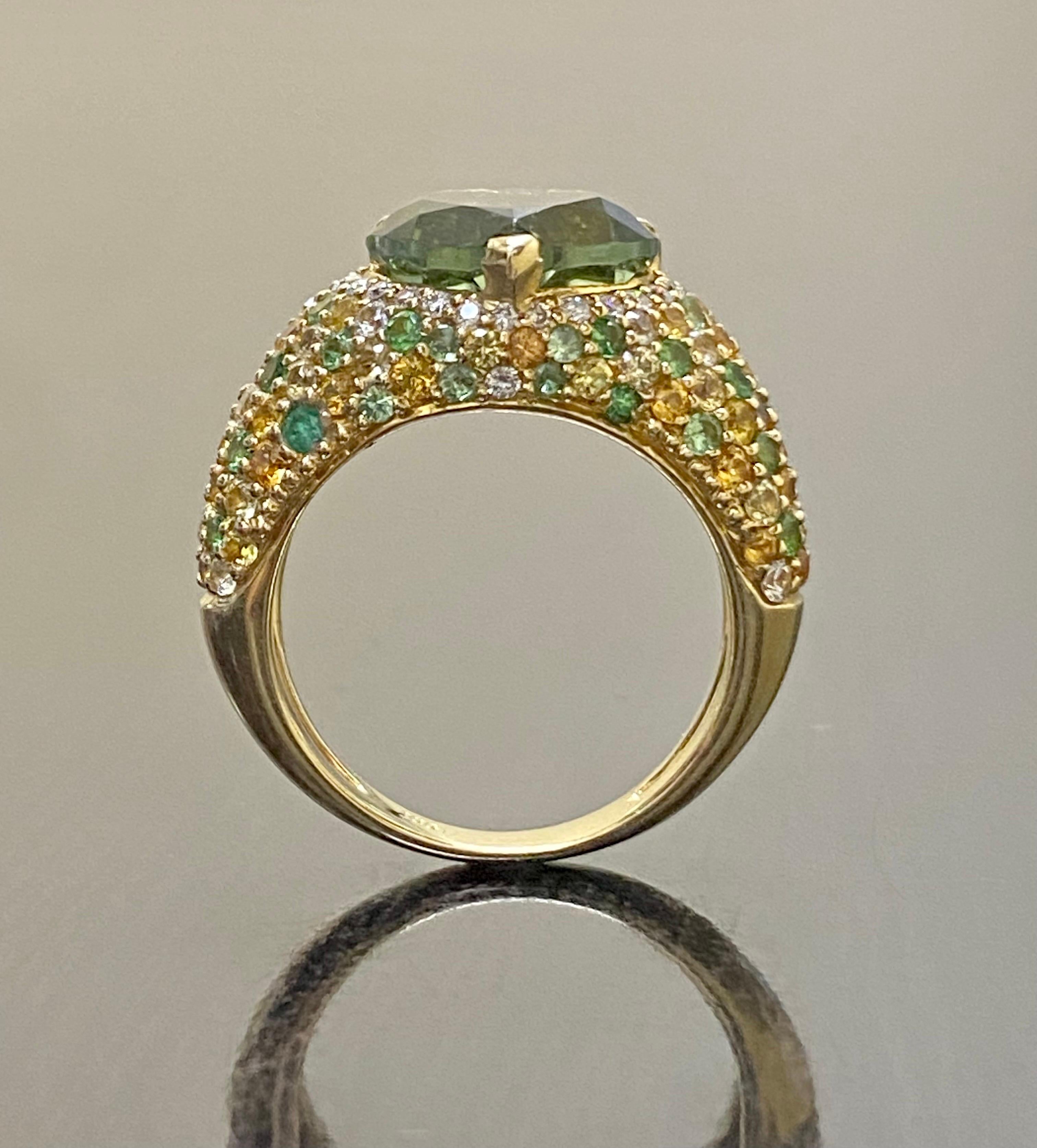 Women's 18K Yellow Gold Tsavorite Citrine Emerald Diamond Heart Tourmaline Ring For Sale