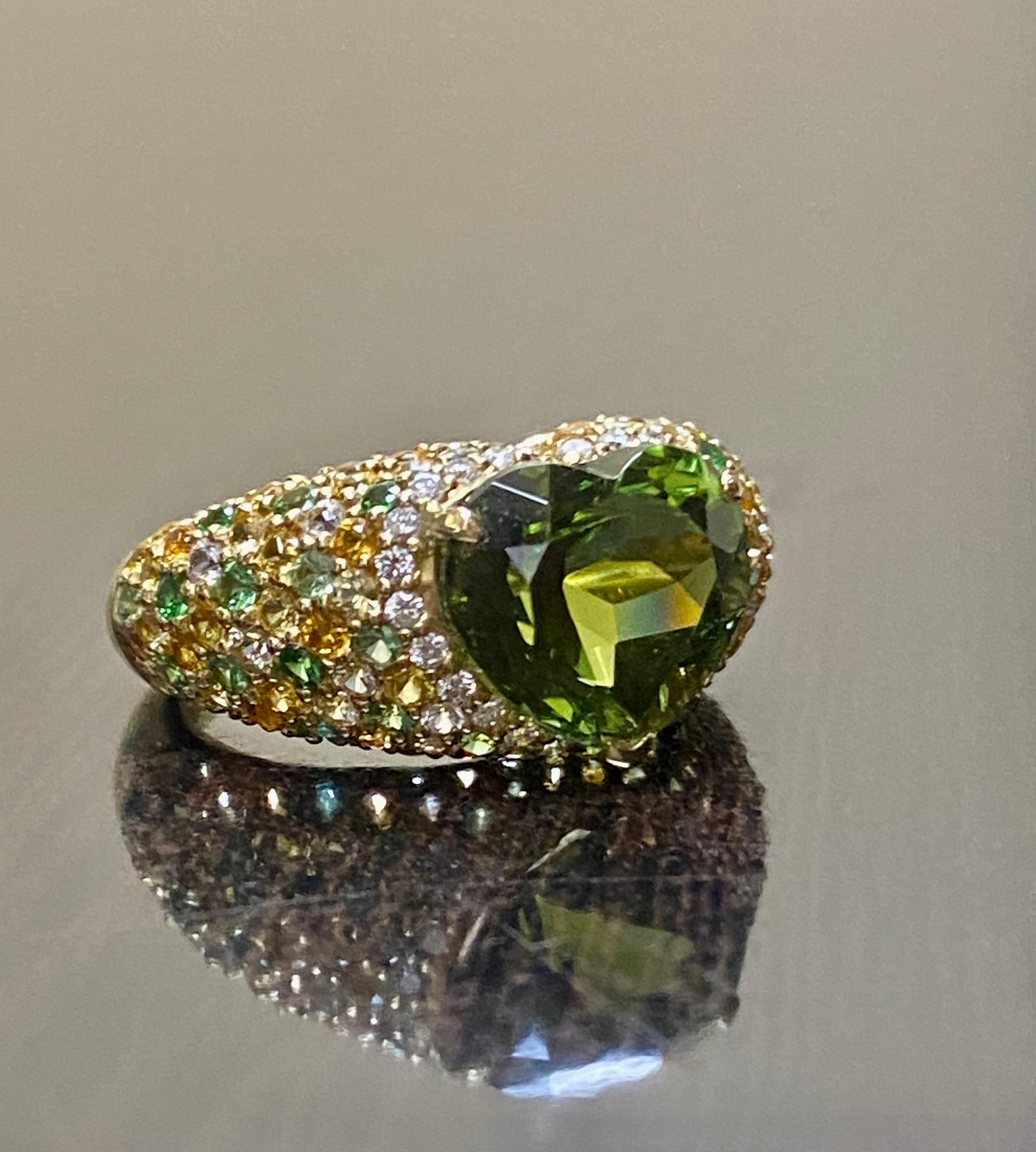 18K Yellow Gold Tsavorite Citrine Emerald Diamond Heart Tourmaline Ring For Sale 1