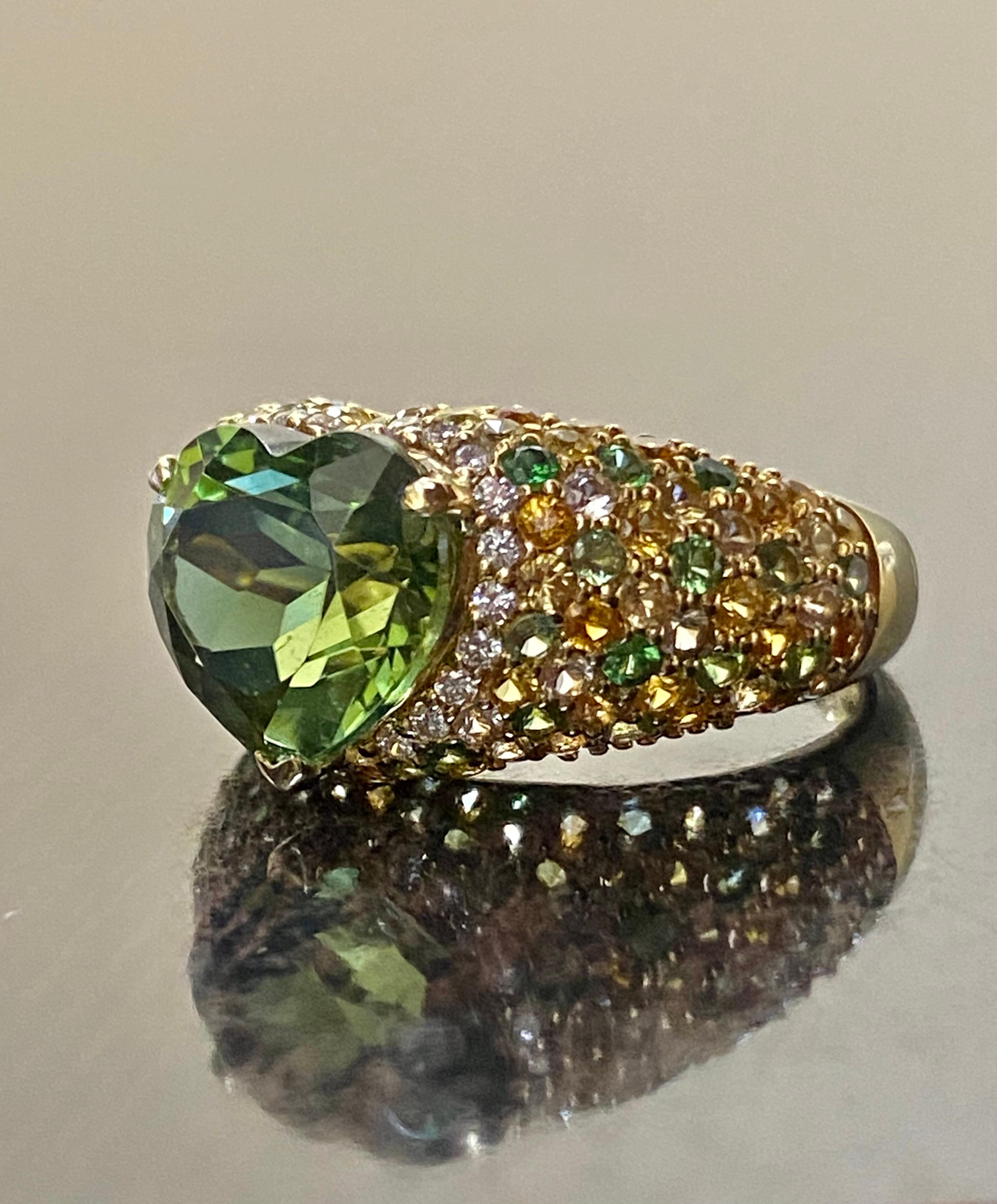 18K Yellow Gold Tsavorite Citrine Emerald Diamond Heart Tourmaline Ring For Sale 2