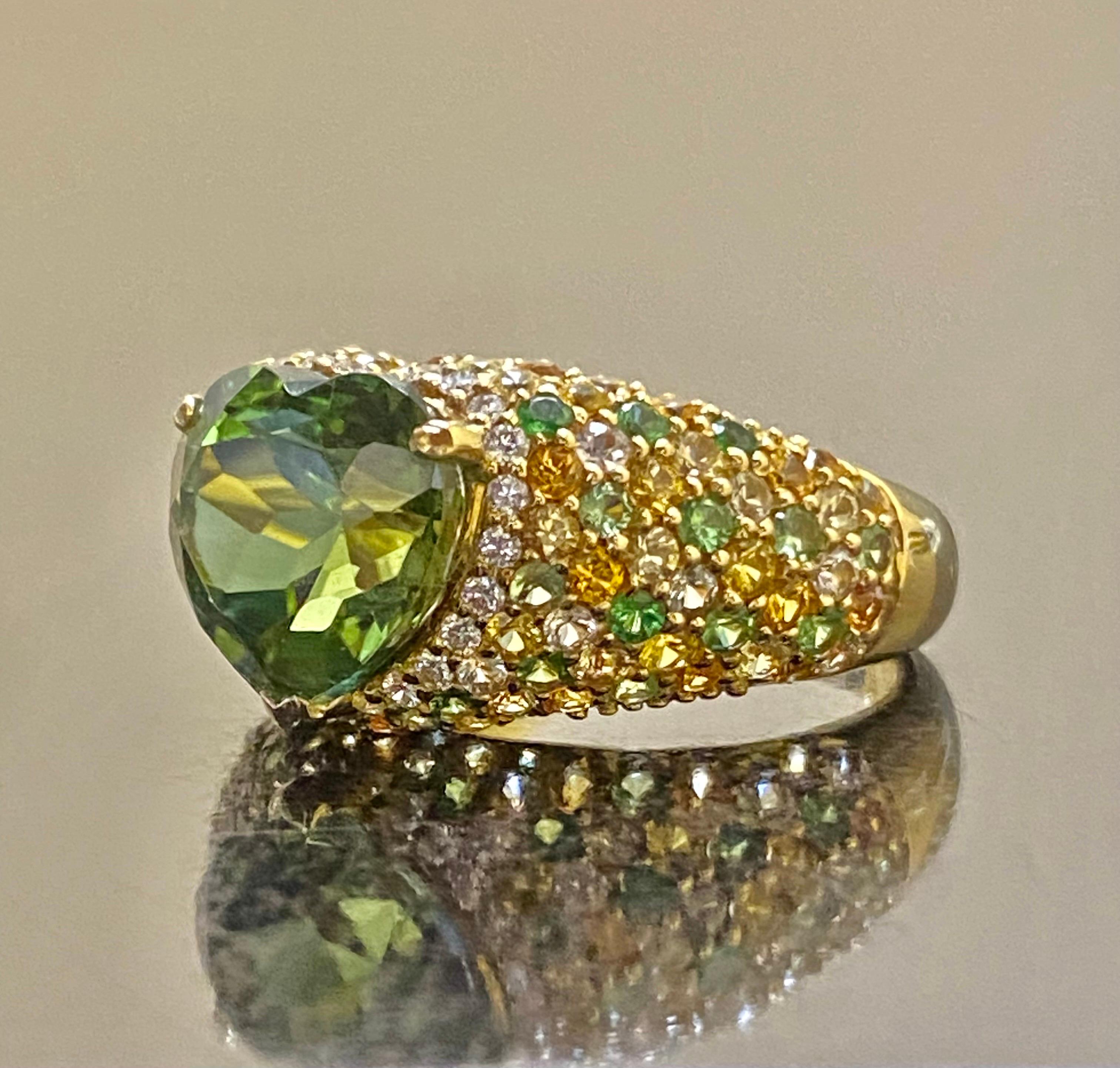 18K Yellow Gold Tsavorite Citrine Emerald Diamond Heart Tourmaline Ring For Sale 3