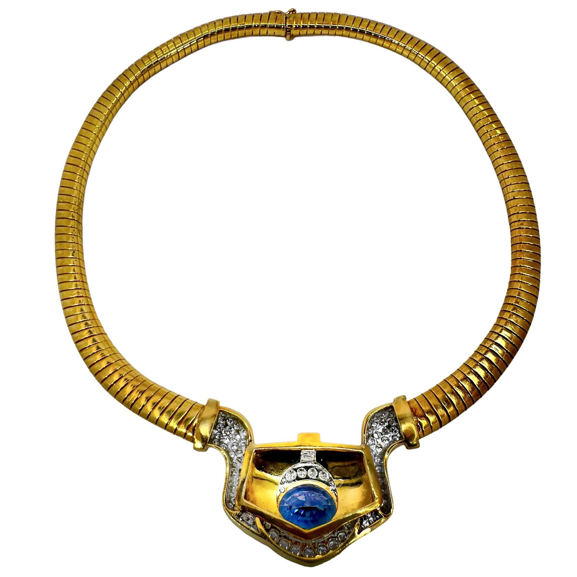 Oval Cut 18K Yellow Gold Tubogas Necklace with Oval Tanzanite Just Under 13Ct & Diamonds For Sale