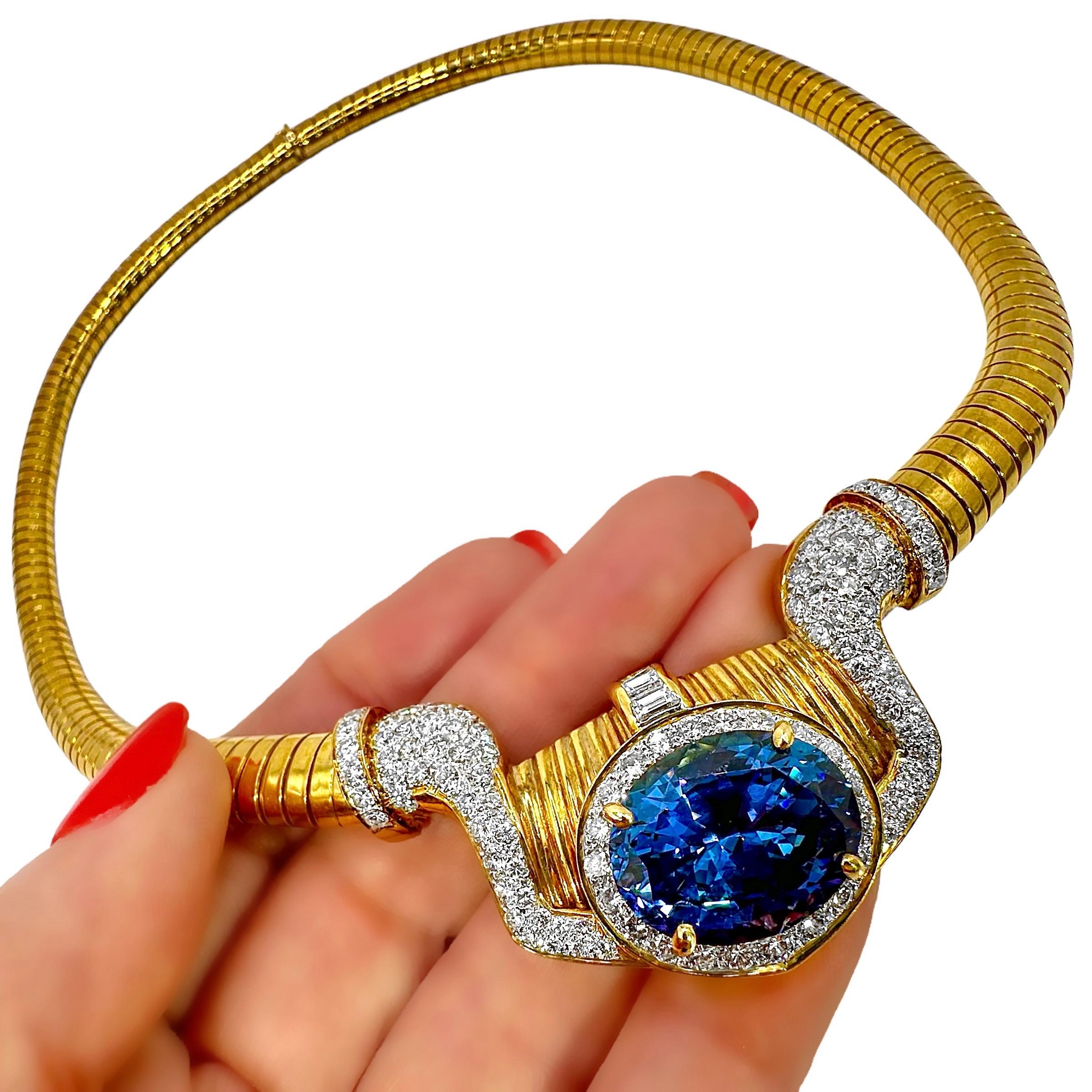 18K Yellow Gold Tubogas Necklace with Oval Tanzanite Just Under 13Ct & Diamonds For Sale 3