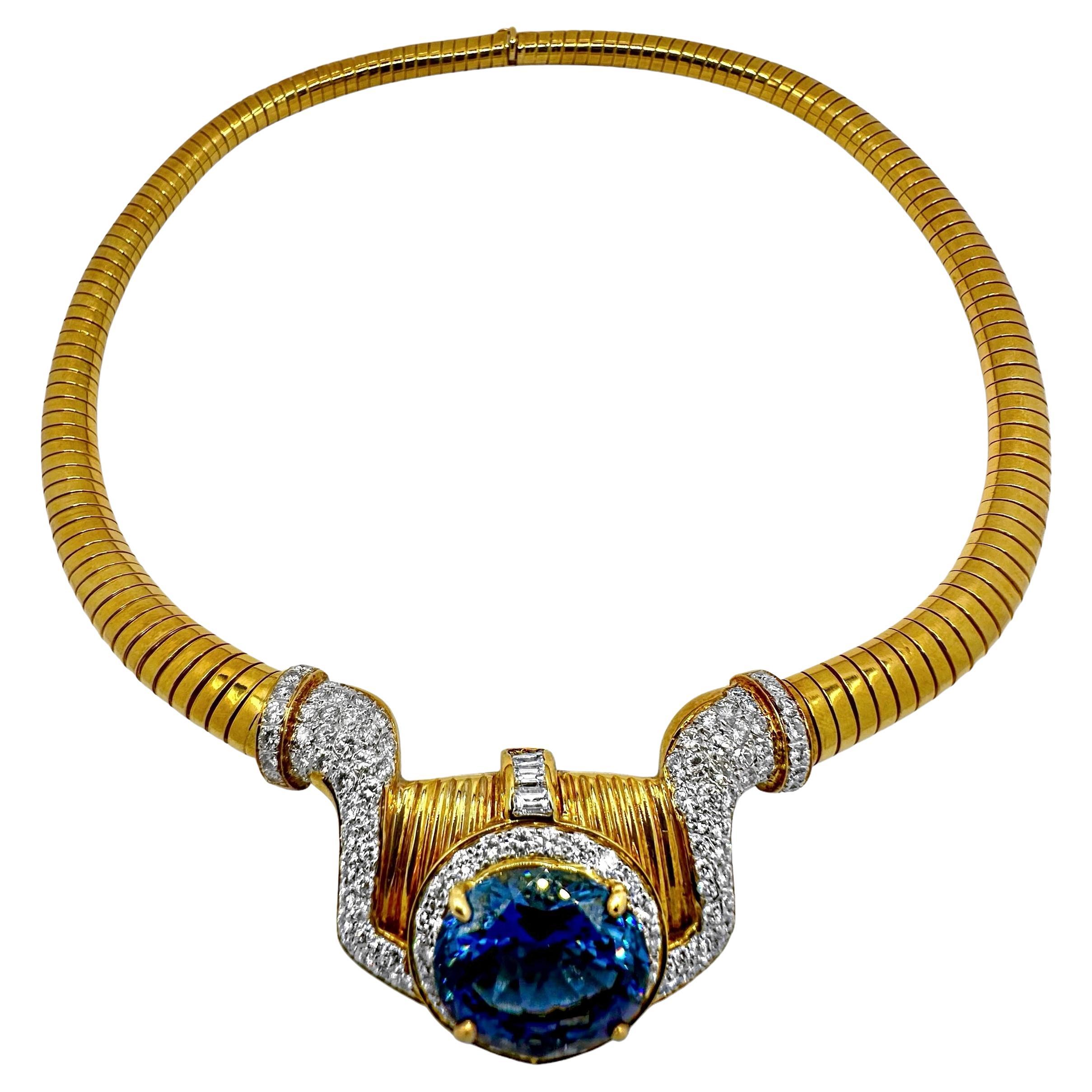 18K Yellow Gold Tubogas Necklace with Oval Tanzanite Just Under 13Ct & Diamonds For Sale