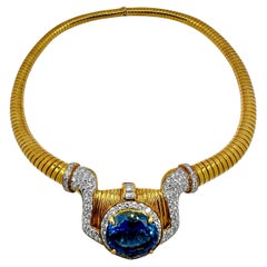 18K Yellow Gold Tubogas Necklace with Oval Tanzanite Just Under 13Ct & Diamonds