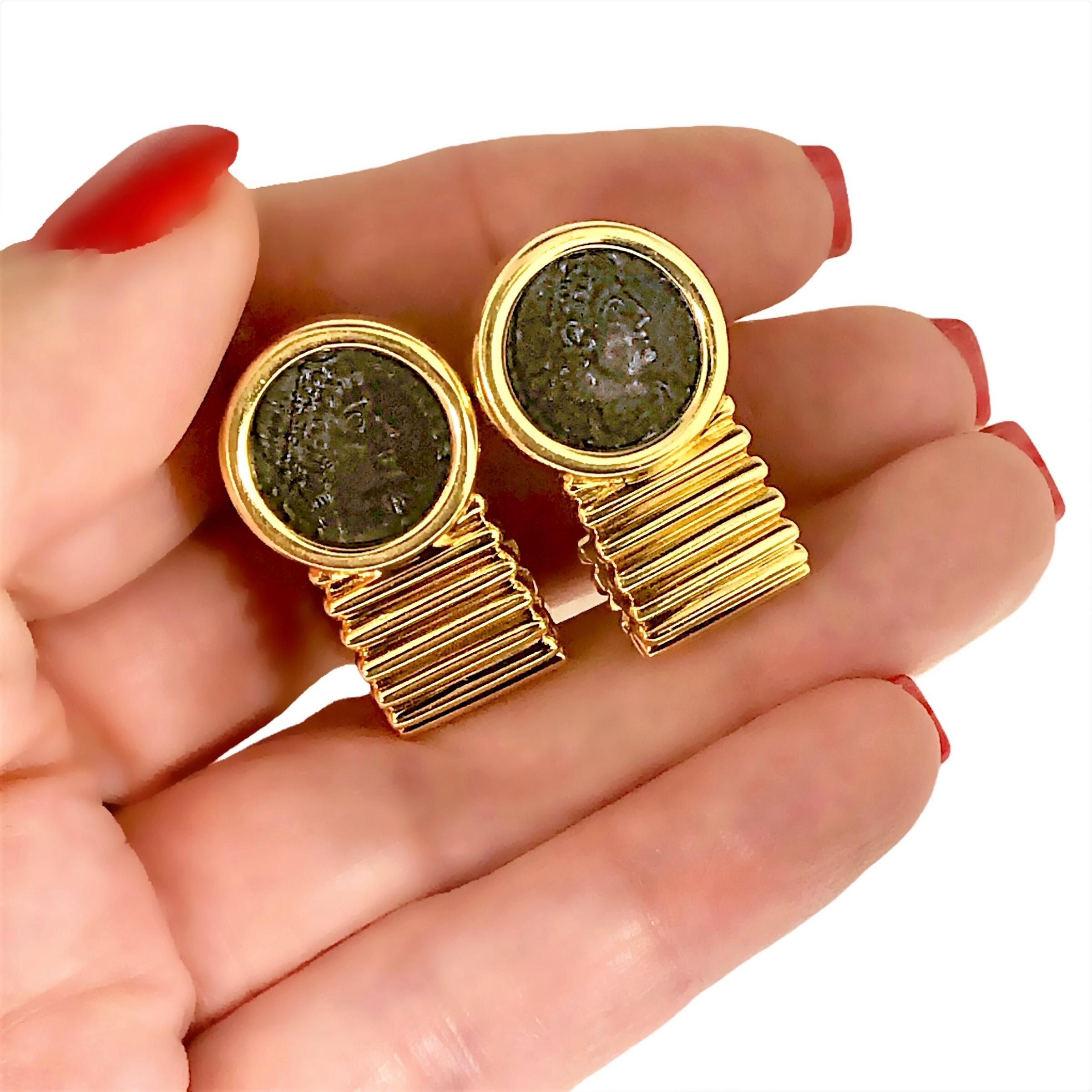 18K Yellow Gold Tubogas Style Earrings with Ancient Coins For Sale 3