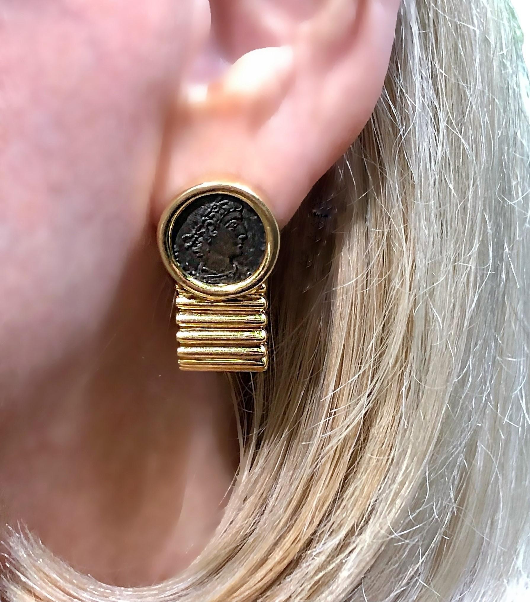 18K Yellow Gold Tubogas Style Earrings with Ancient Coins For Sale 4