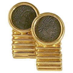 18K Yellow Gold Tubogas Style Earrings with Ancient Coins