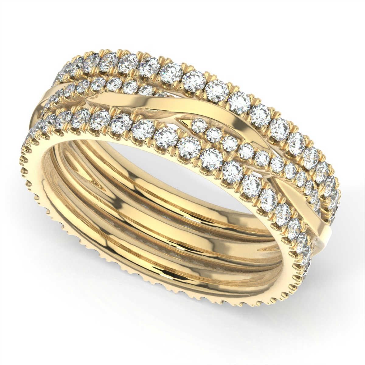 Taglio rotondo Anello di eternità a tulipano impilabile in oro giallo 18K con foglie di vite attorcigliate da 1 1/4 di carato in vendita