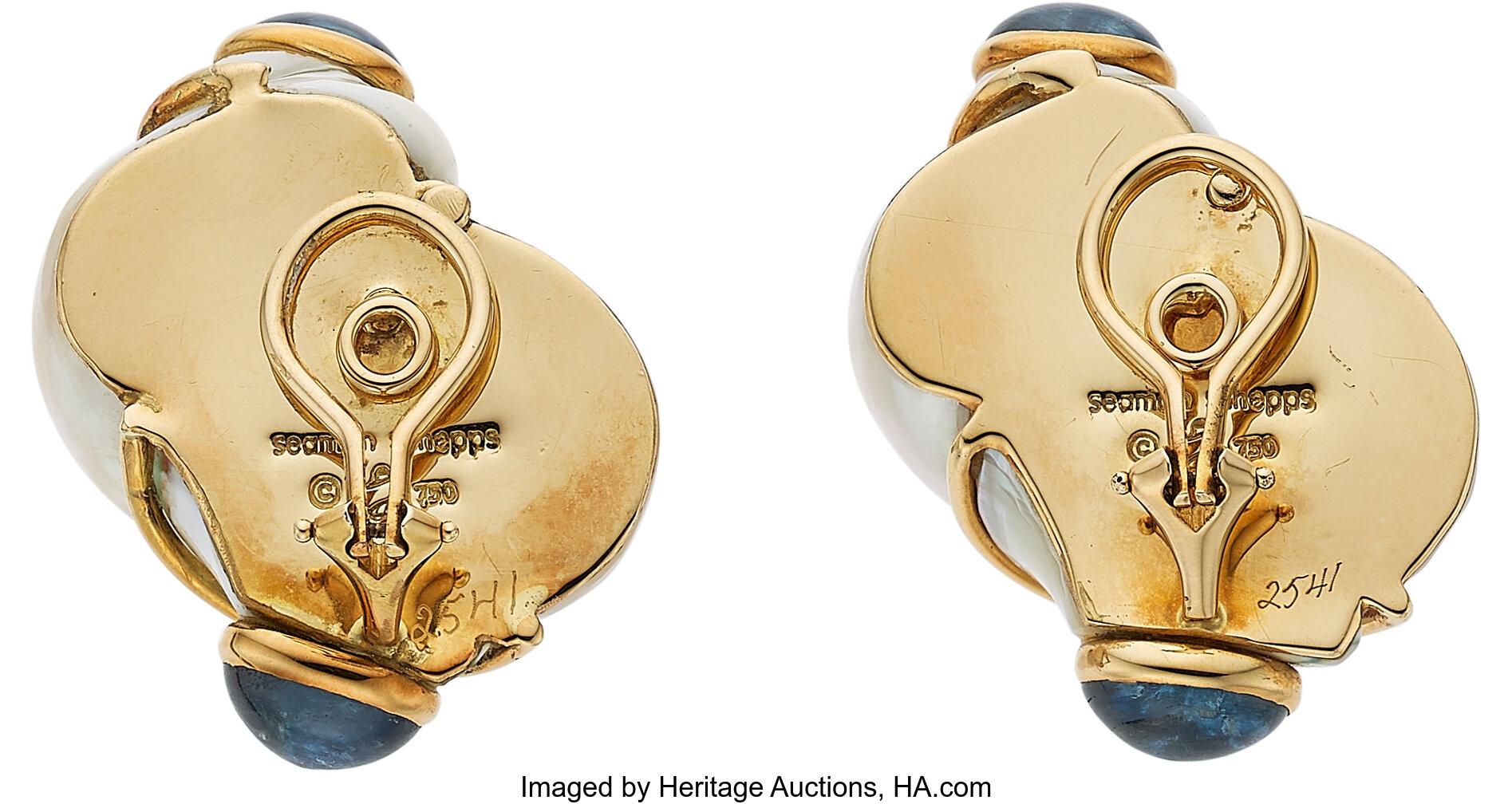 Women's or Men's 18k Yellow Gold Turbo Shell Earrings W/Sapphire Cabochons by Seaman Schepps For Sale