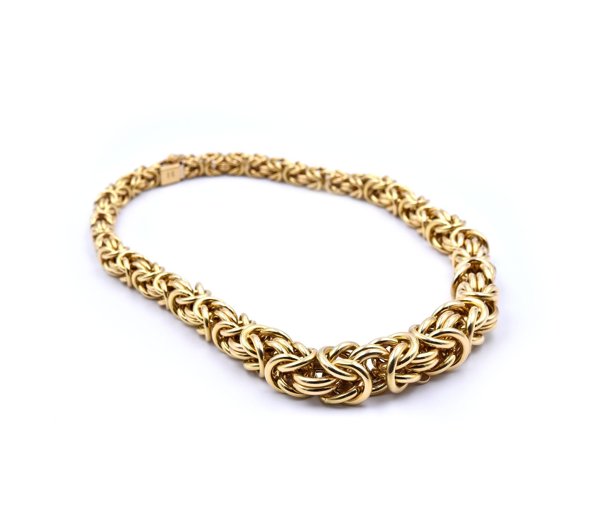 Designer: signed “RCV”
Material: 18k yellow gold
Dimensions: necklace is 18-inches in length and it is 7.90-14.37mm wide
Weight: 95.43 grams
