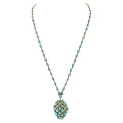 Pendentif à glands en or jaune 18 carats et turquoise sur chaîne, collier