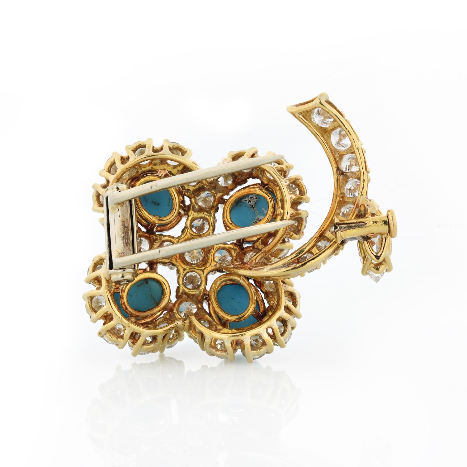 Moderne Broche fleur en or jaune 18 carats, turquoise et diamants de 2,50 carats en vente