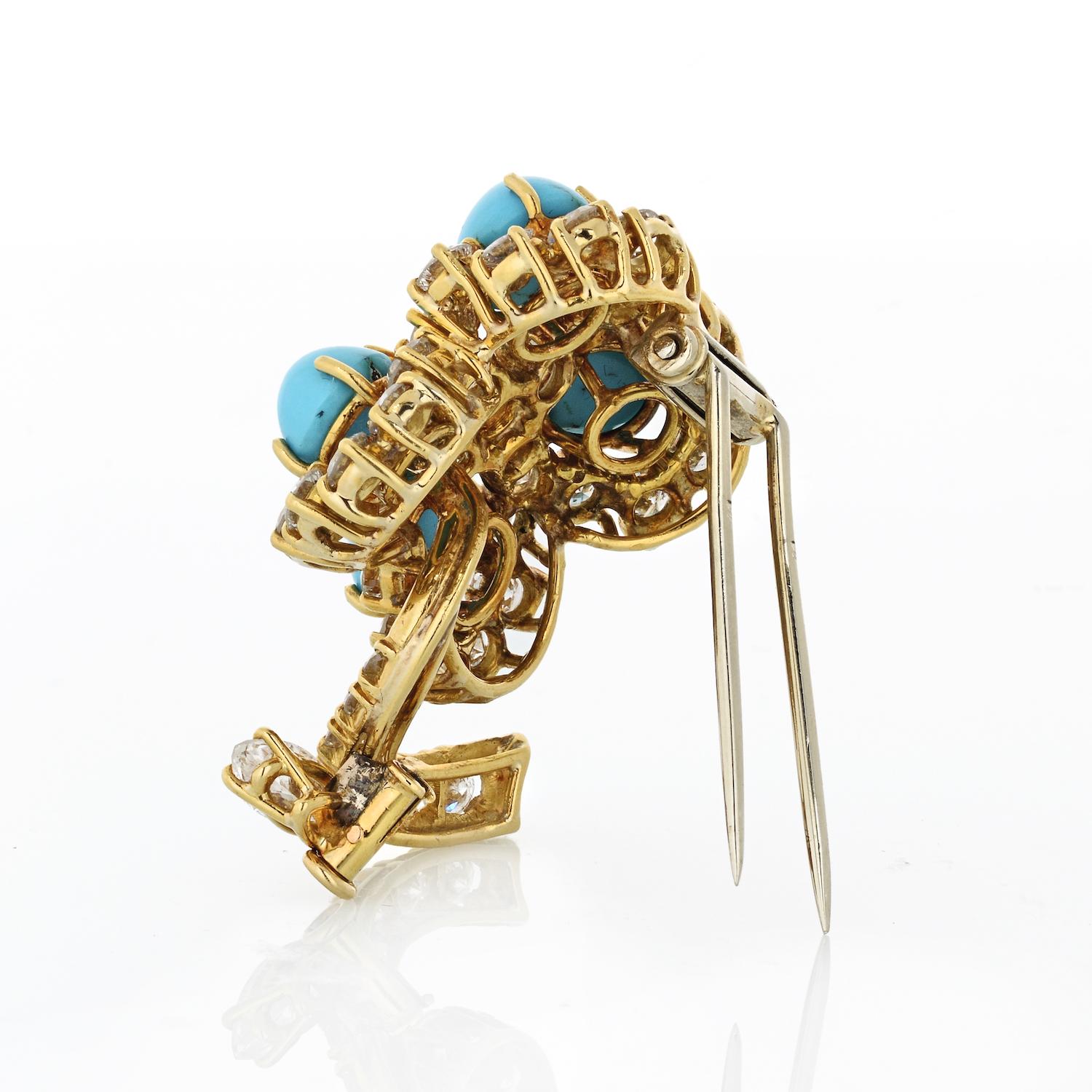 Taille ronde Broche fleur en or jaune 18 carats, turquoise et diamants de 2,50 carats en vente