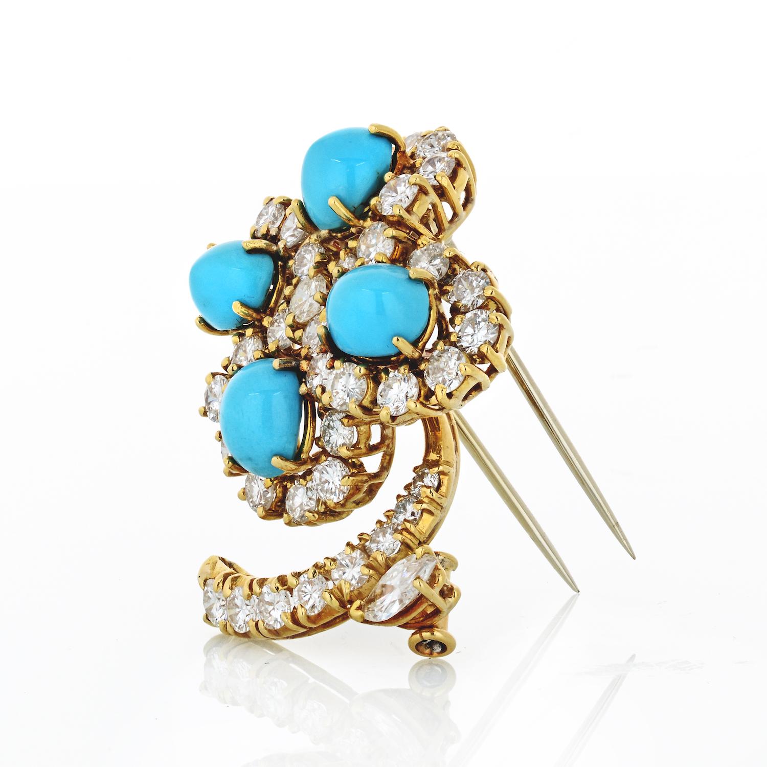 Broche fleur en or jaune 18 carats, turquoise et diamants de 2,50 carats Excellent état - En vente à New York, NY