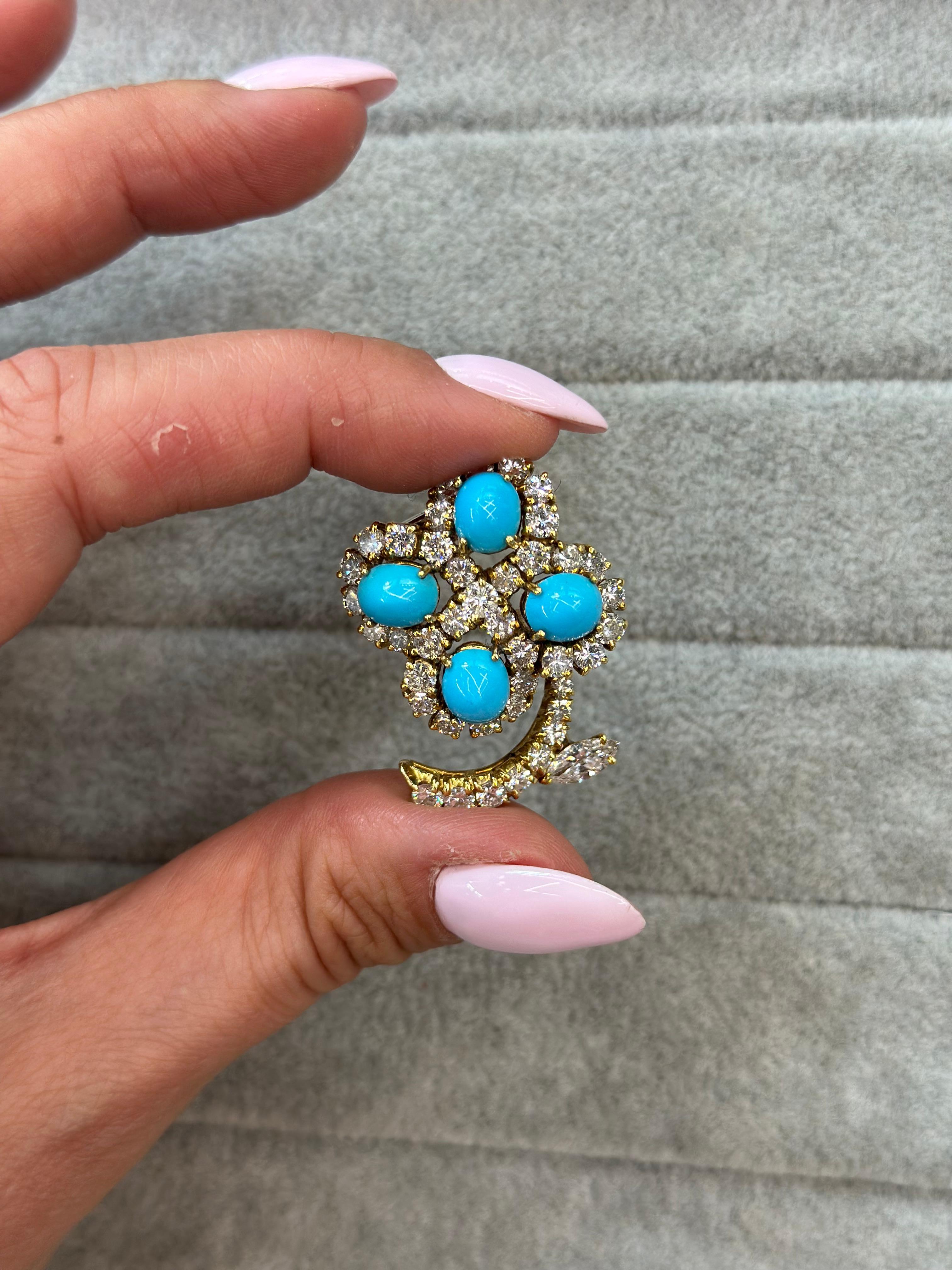 Broche fleur en or jaune 18 carats, turquoise et diamants de 2,50 carats Pour femmes en vente