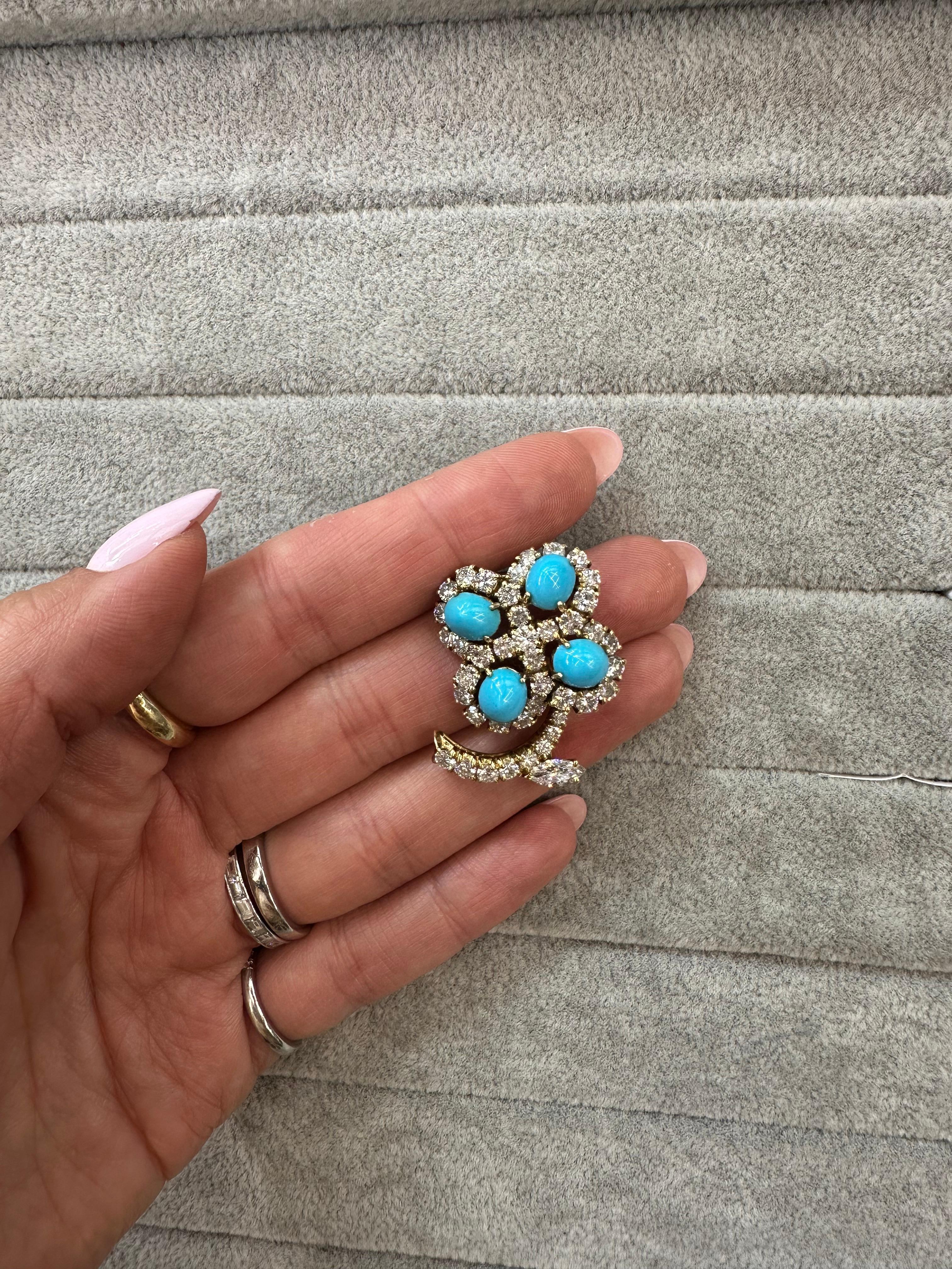 Broche fleur en or jaune 18 carats, turquoise et diamants de 2,50 carats en vente 1