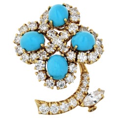 Broche Flor de Turquesa y Diamante de Oro Amarillo de 18K y 2.50ctw
