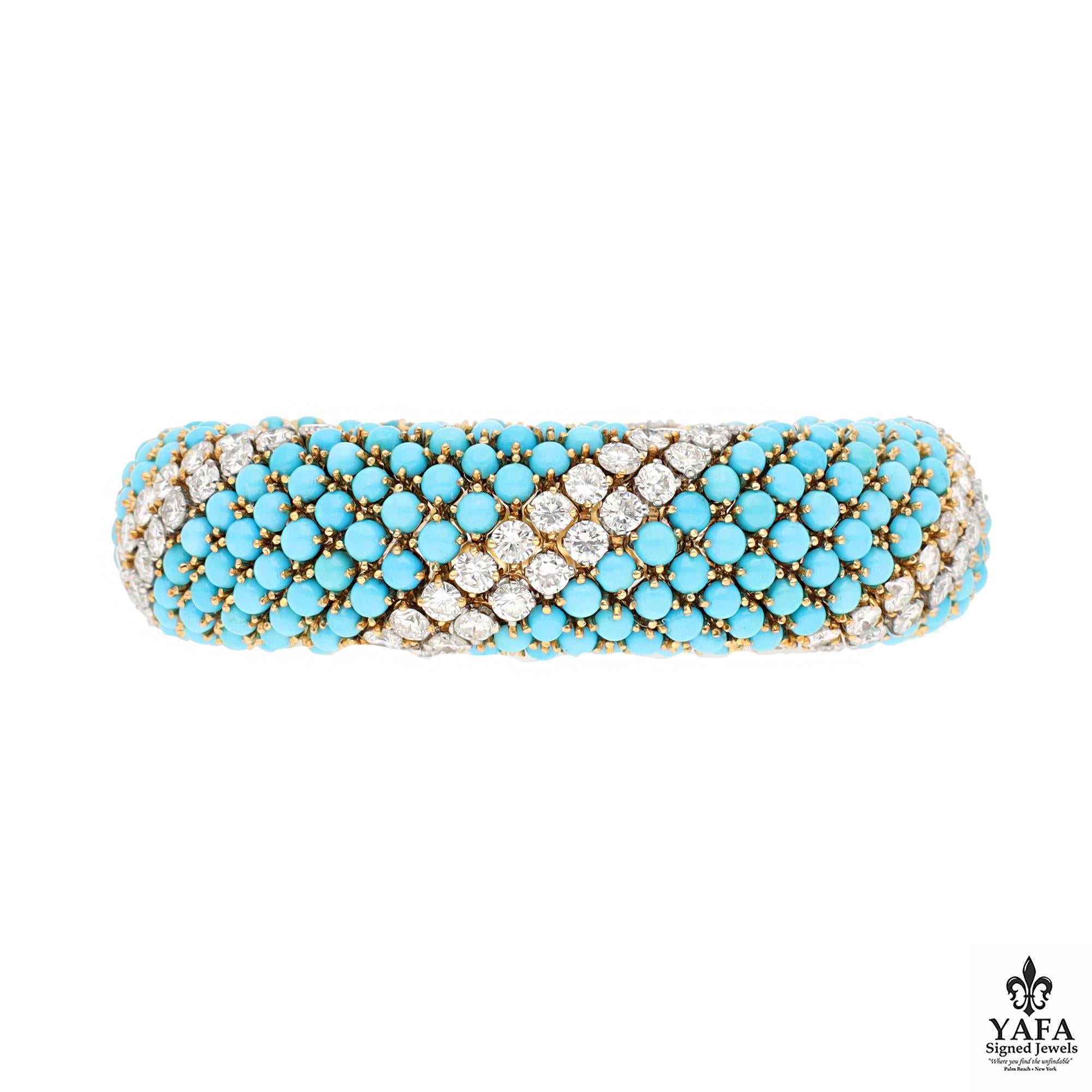 18K Yellow Gold Turquoise and Diamond Bracelet with alternating sections of multiple rows of Diamonds and Turquoise. French Assay Marks. Approximately circumference 6.25