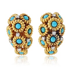 18K Gelbgold Türkis und Diamant Blumenmotiv Clip On Ohrringe