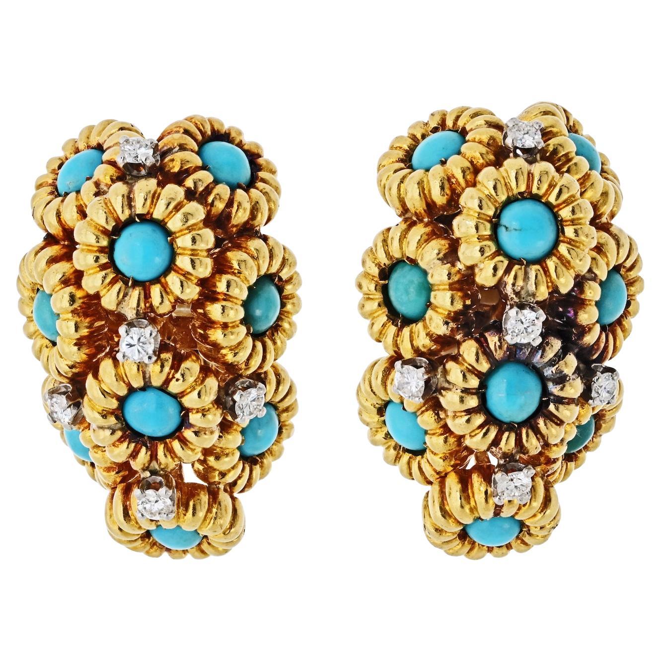 18K Yellow Gold Turquoise And Diamond Flower Motif Clip On Earrings