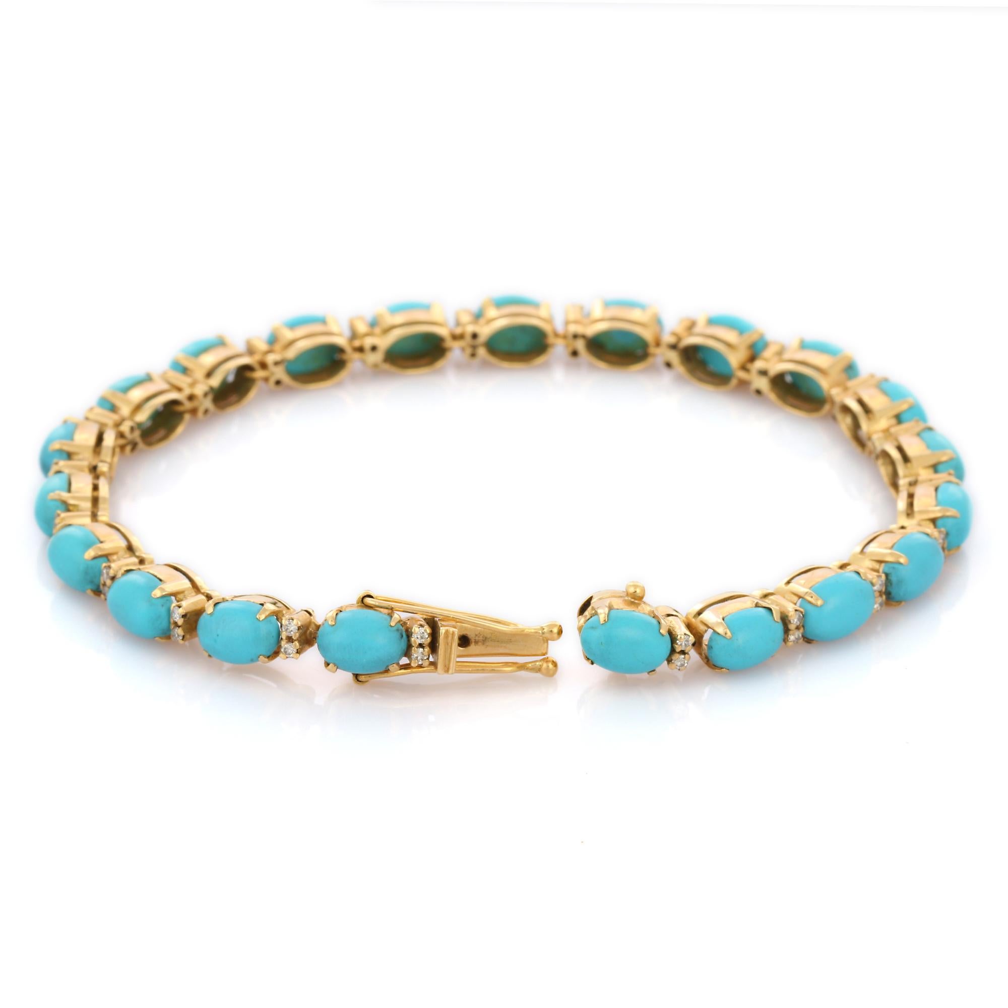 Moderne Bracelet tennis en or jaune 18 carats avec turquoises et diamants en vente