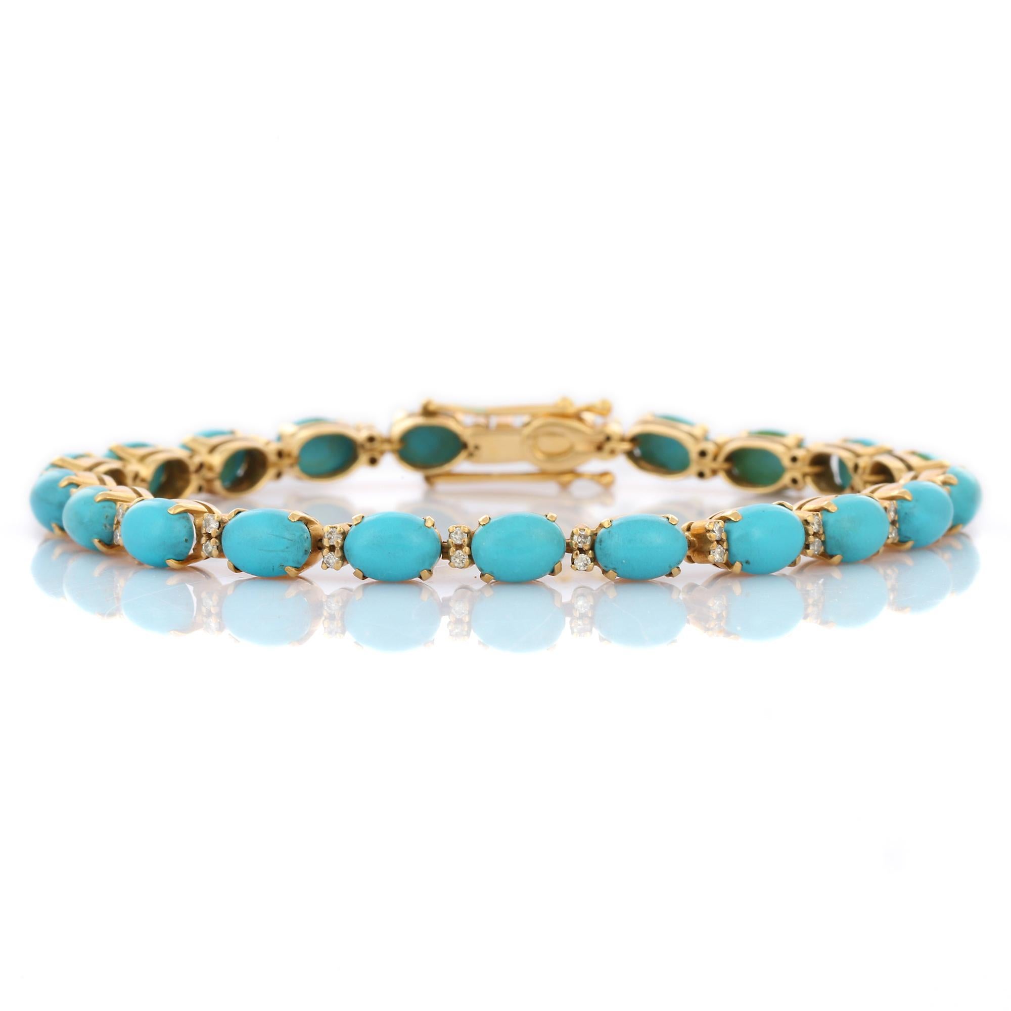 Taille ovale Bracelet tennis en or jaune 18 carats avec turquoises et diamants en vente