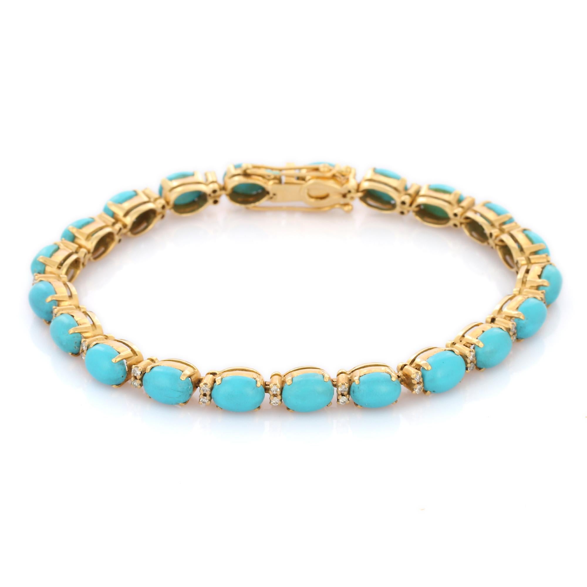 Bracelet tennis en or jaune 18 carats avec turquoises et diamants Neuf - En vente à Houston, TX