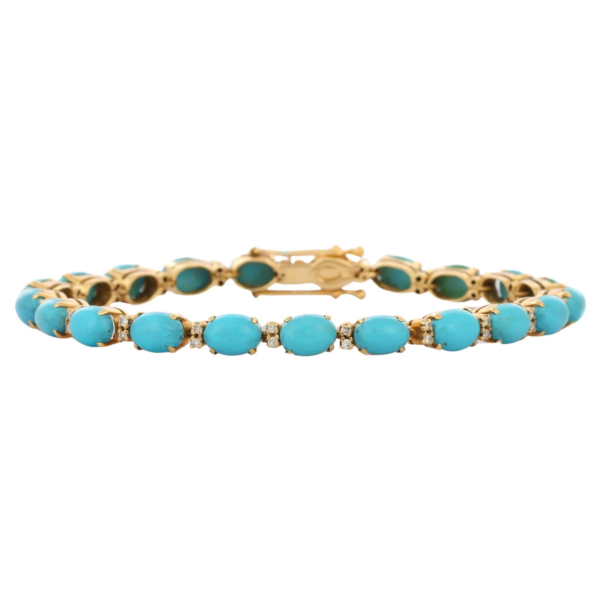 18K Yellow Gold Turquoise and Diamonds Tennis Bracelet For Sale