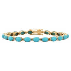 Antique 18K Yellow Gold Turquoise and Diamonds Tennis Bracelet