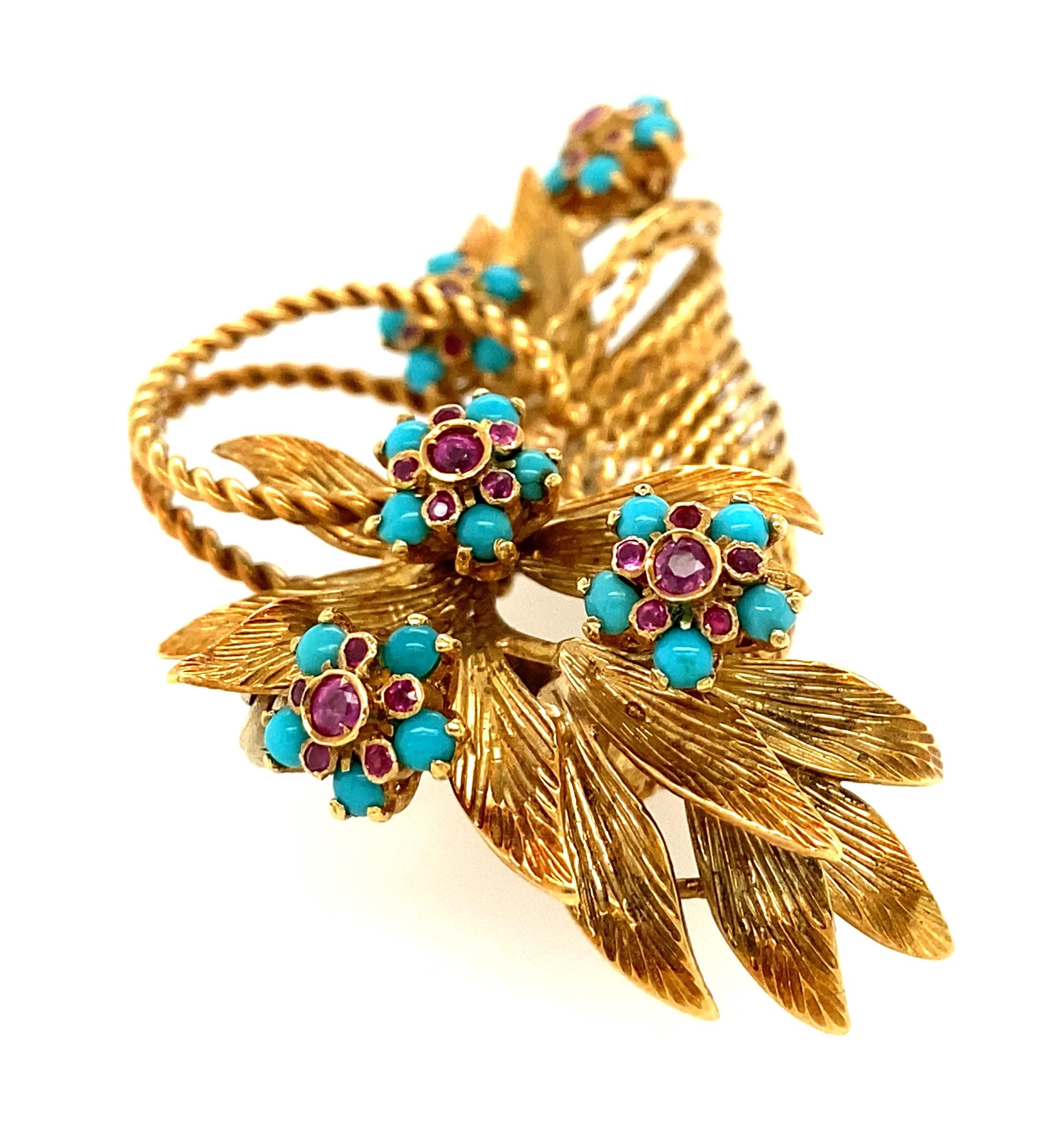 Cabochon 18k Yellow Gold Turquoise and Ruby En Tremblant Basket of Flowers Brooch 1960s